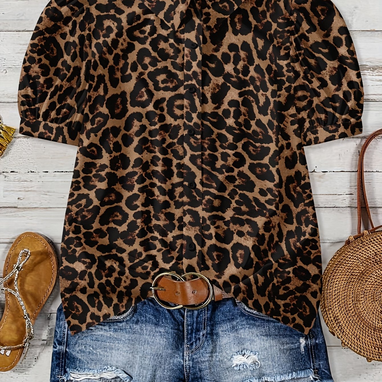 E-shop Elegantes Damen-Leopardenmuster-Shirt – Eine Knopfleiste-Bluse mit klassischem Kragen, geeignet für alle Jahreszeiten im Büro auf Partys. Leicht