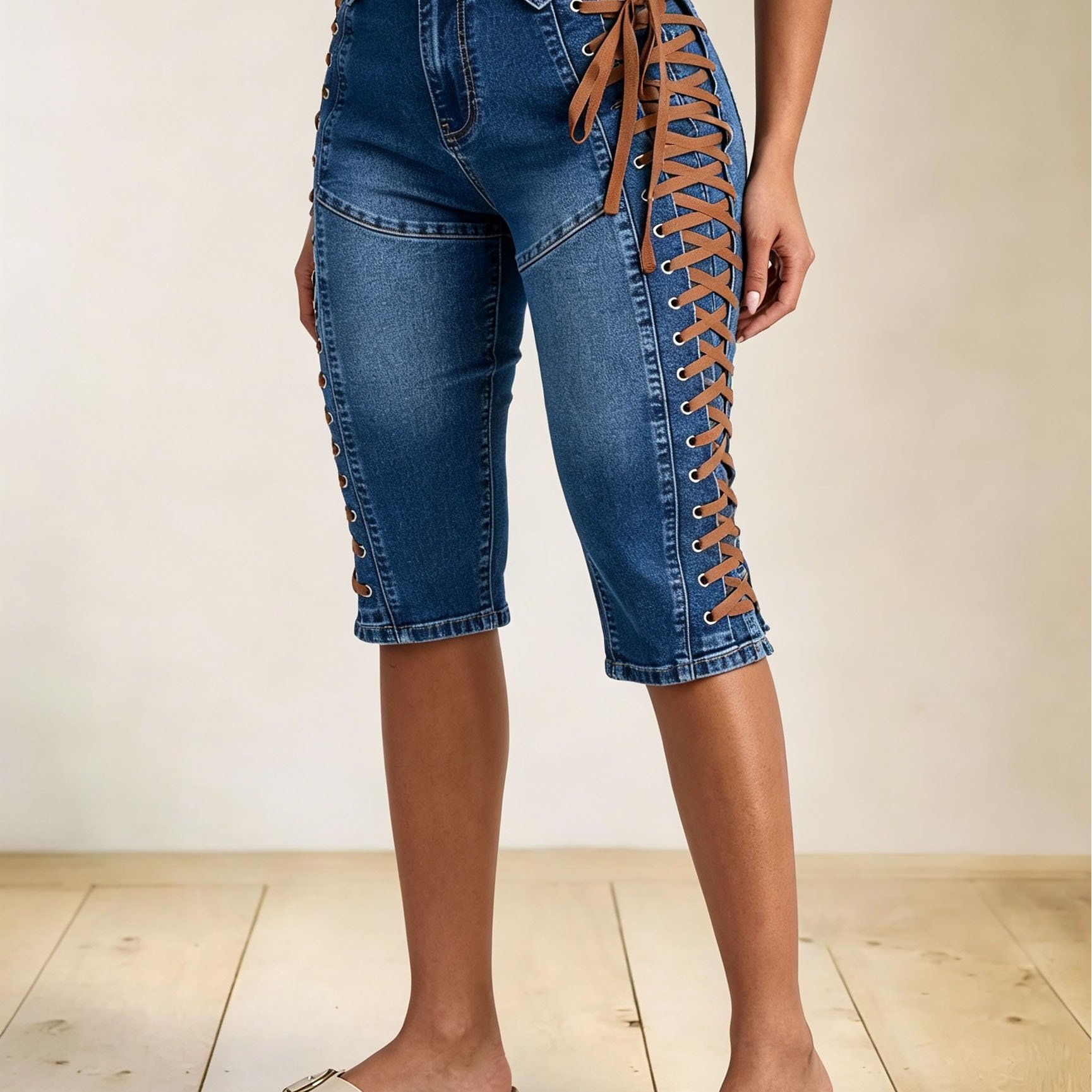 Women's Plus Size American-style Sexy High-waisted Side-strap Denim Capri Pants