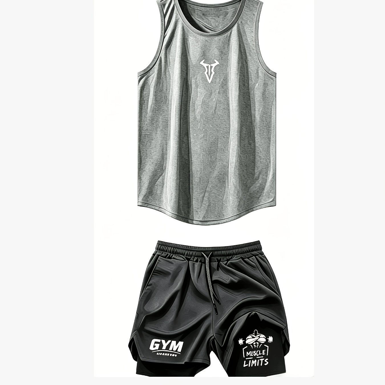 TEMU Asian Size Men 2pcs Workout Set Sleeveless Gym Tank Top Double Layer Athletic Shorts Gym Graphic Basketball Suit