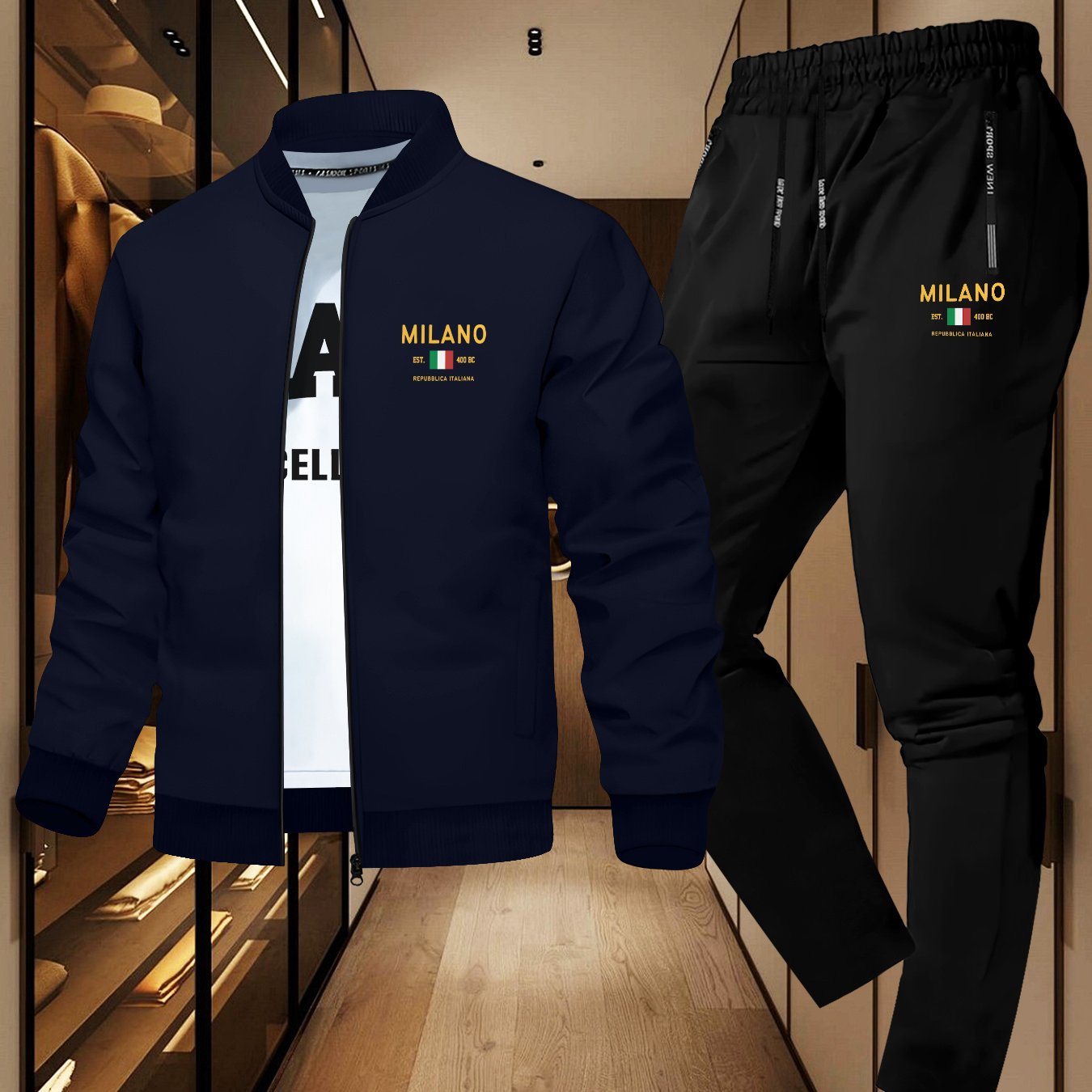 TEMU Two-piece Men's Slim Fit Jacket And Men's Sports Long Pants, Golden Print, Zippered Polyester Smooth Fabric Autumn-winter Casual Outerwear