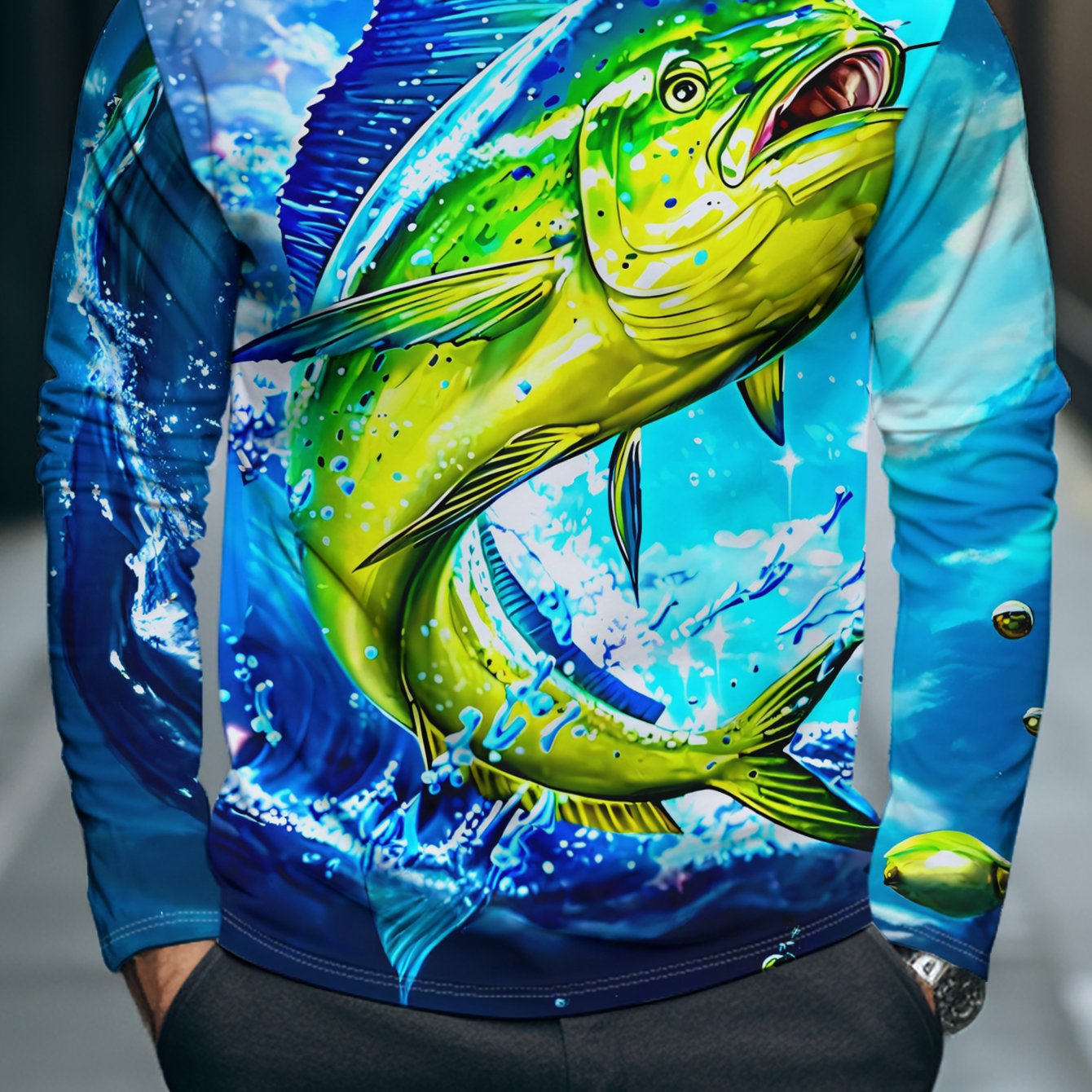 TEMU Men's Long Sleeve T-shirt, Ocean Pattern Athletic Top, Youth Trendy Loose Breathable Polyester Fiber Base Layer, Machine Washable, , Trendy