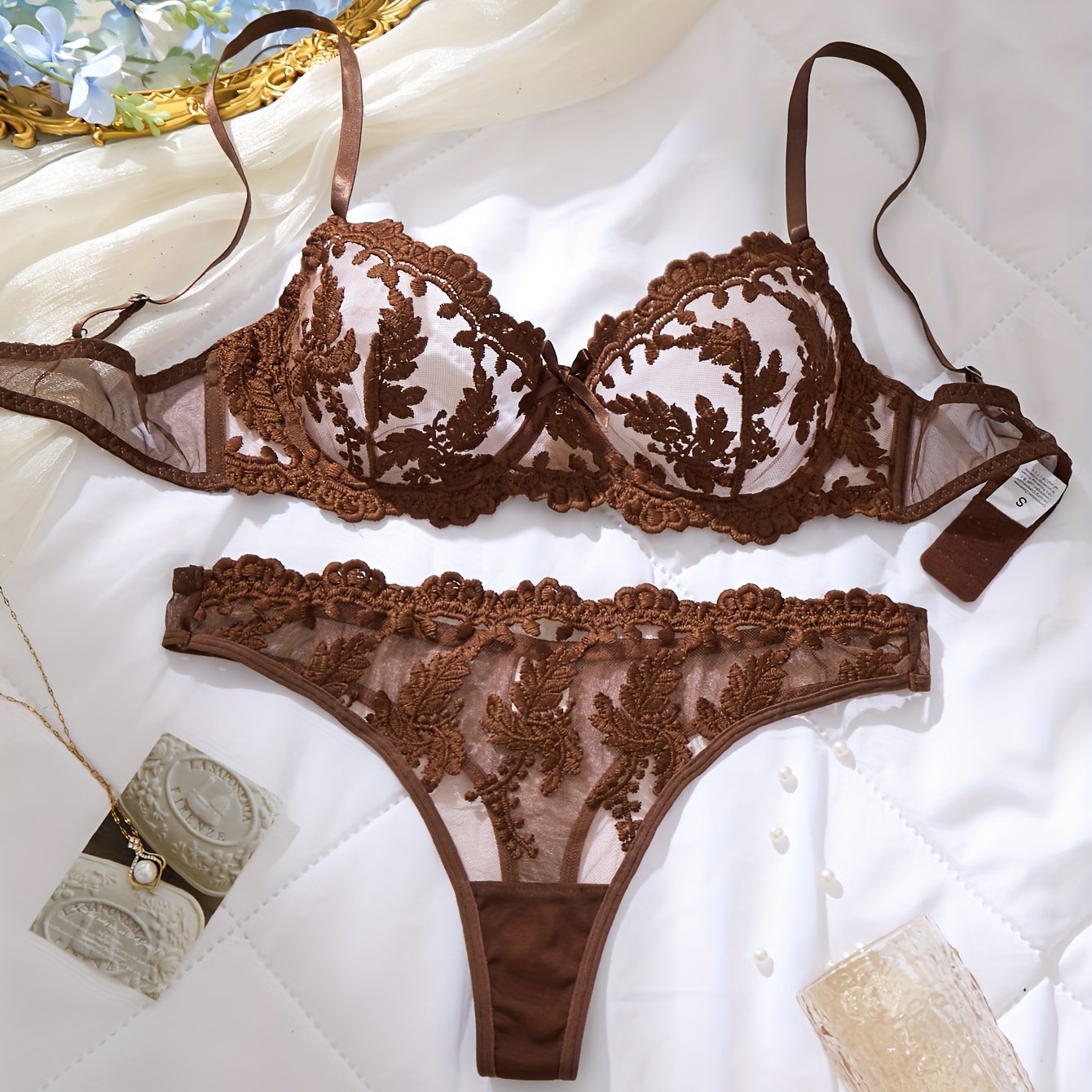 TEMU Christmas Party Outfit, Coffee-colored Floral Embroidery Women's Lingerie Set, Underwire Bra And Panty 2pcs Set, Medium Support, Pure Desire