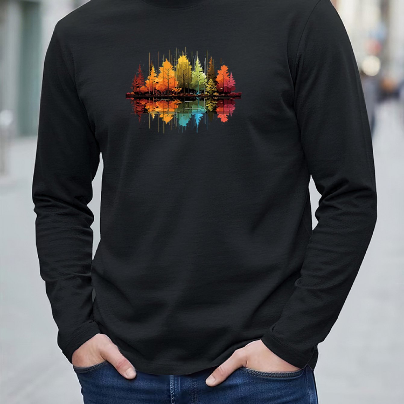 Image of Men's 100% Cotton Long-sleeve T-shirt Suitable For , Regular Fit Round Neck Top Pattern Print, Comfortable Pure Cotton Fabric Layering Shirt For Wear, Machine Washable Holiday Gift