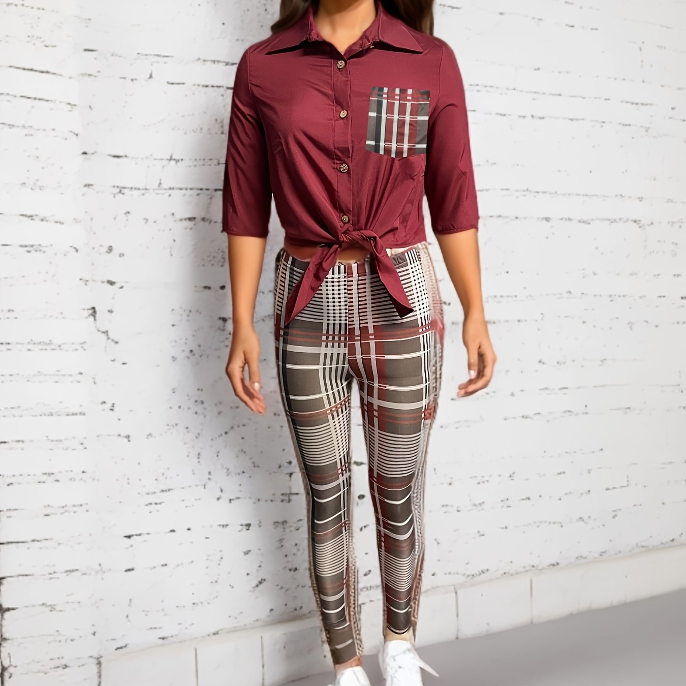 Casual Spring & Summer Two-piece Set, Button Front Knot Shirt & High Waist  Plaid Pants Outfits, Women's Clothing