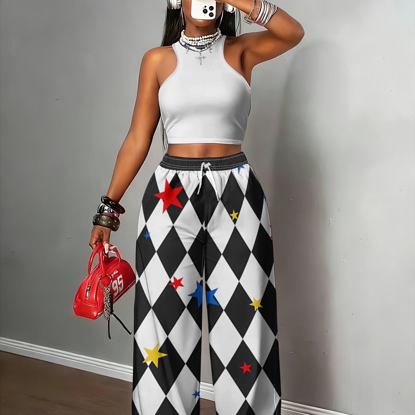 TEMU Women's Long Pants, Checkered Colorful Star Wide-leg Trousers, Retro Clown Style Street Straight Pants With Functional Storage Slanted Pockets