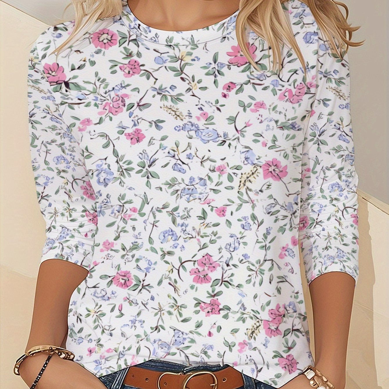TEMU Fresh And Versatile, Simple Niche Floral Print, Full-branch Blossoms, Autumn/winter New Arrival Round Neck Long Sleeve T-shirt, Fashion Women's