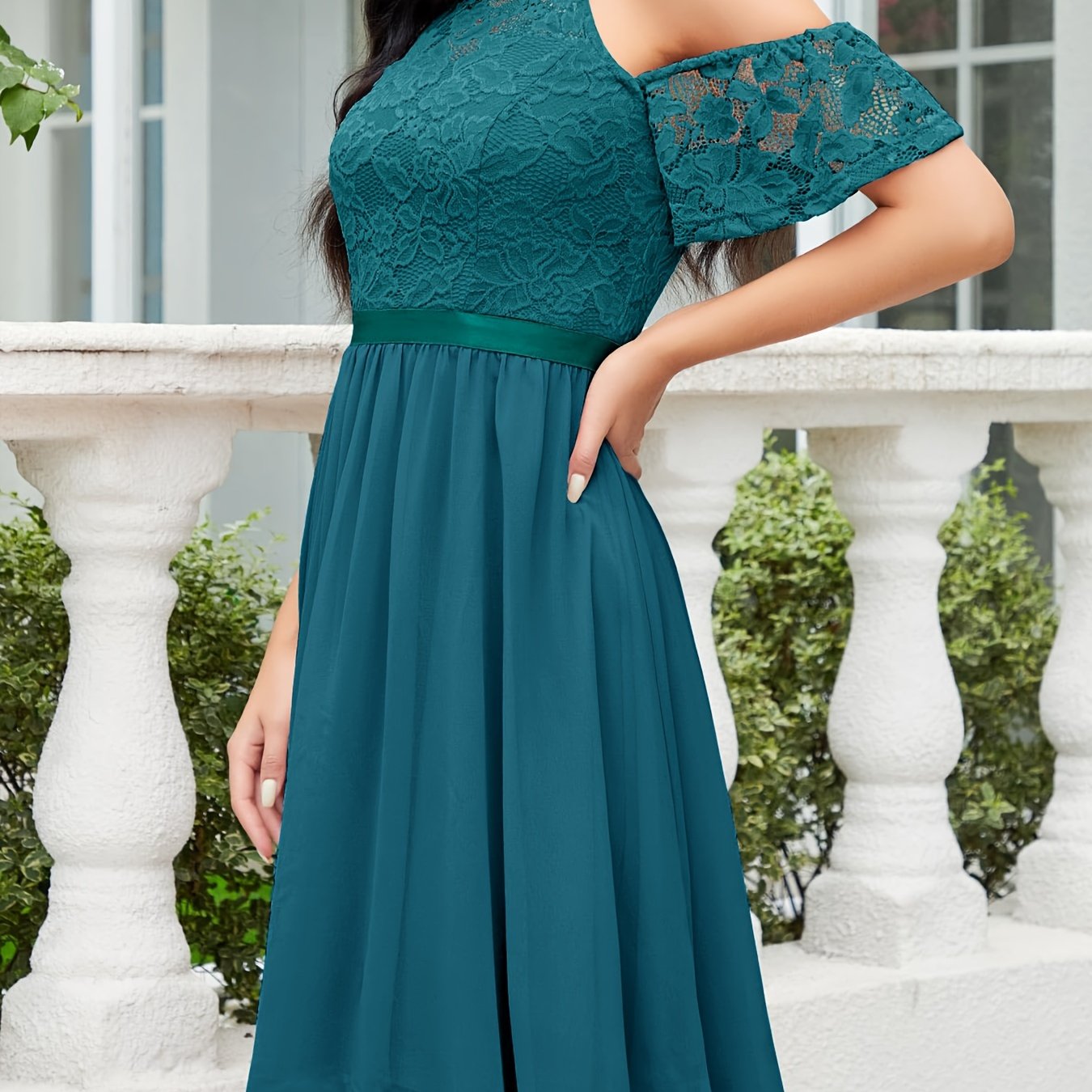 Lace Overlay Flutter Sleeve Dress Elegant V neck Dress Party - Temu