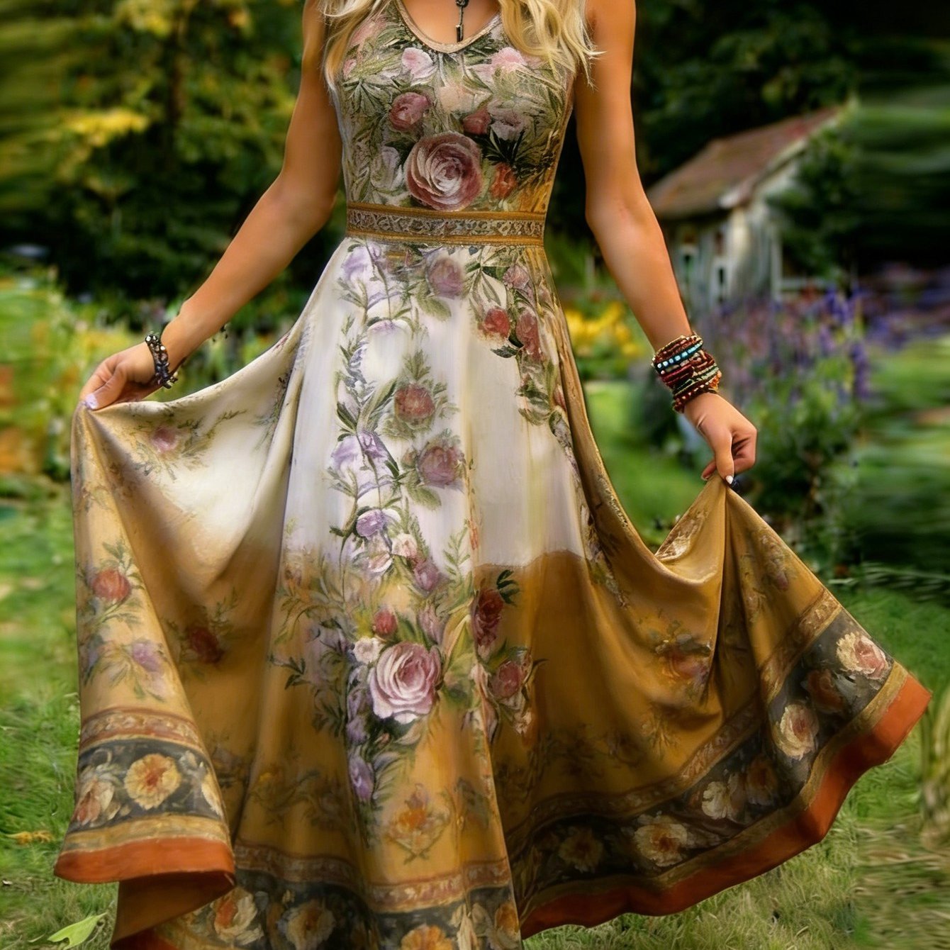 Image of 2d Flat Printing Women's Retro Elegant Sleeveless Dress, V-neck Floral Print A-line Flowing Maxi Skirt, Machine Washable, Suitable For Casual Attire And Vacations