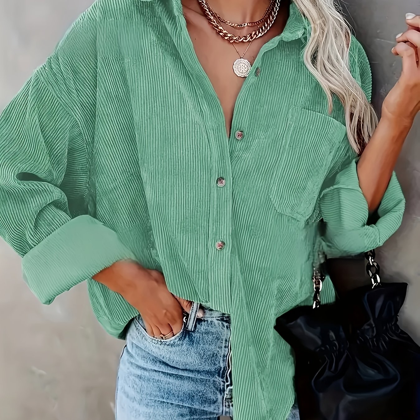 Image of Plus Size - Autumn And Winter Plus-size Street Casual Solid Color Shirt Corduroy Jacket That Worn Ways