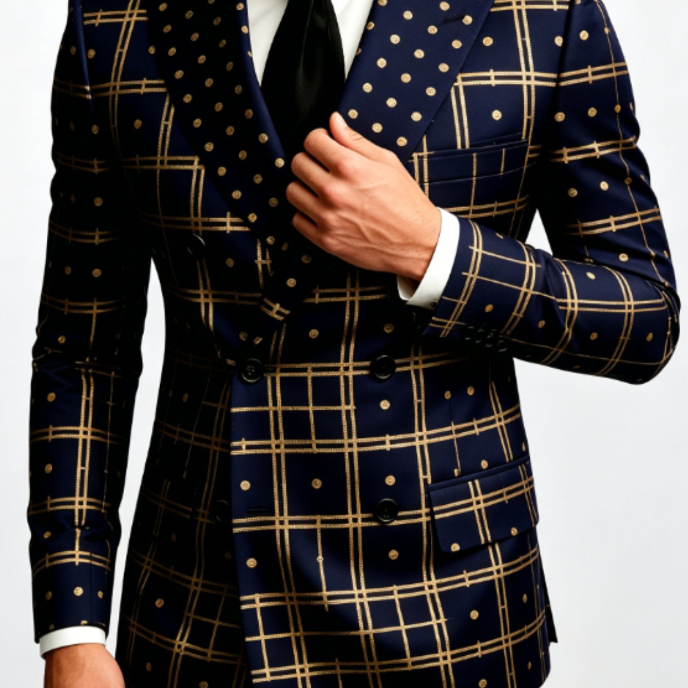 Image of Men's Blue Golden Checkered Polka Dot Printed Double Breasted Lapel Formal Wedding Party Suit Jacket, Business Suit Jacket Top, Suitable For To ' Suit Jacket