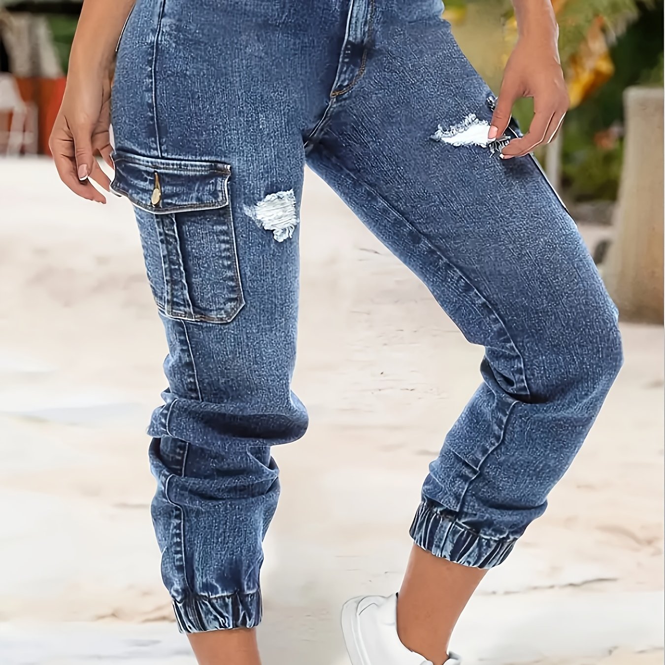 Image of Women's High-stretch Denim Cargo Pants With Elastic Waist & Hem - Distressed Ripped Details, Casual Workwear Pants For Casual Attire