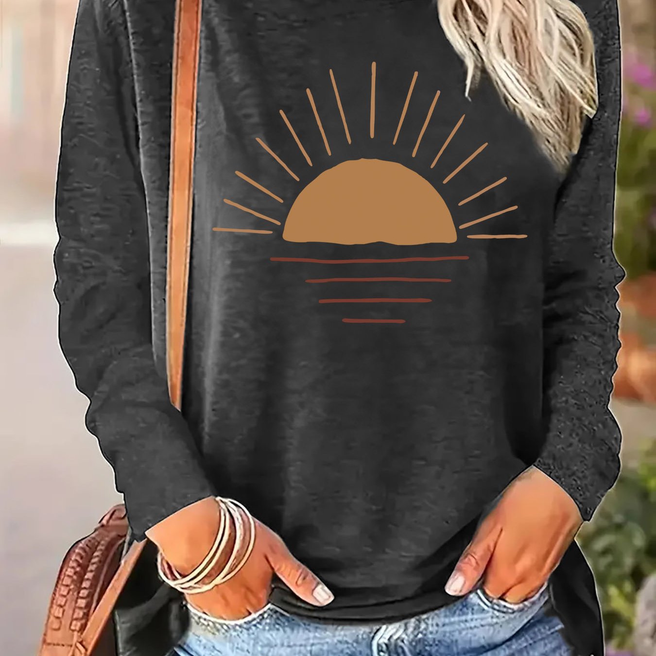 TEMU Women's Casual Long Sleeve Crew Neck T-shirt - Vibrant Sun Graphic Print, Medium Stretch Breathable Fabric, Regular Fit For Spring & Fall,