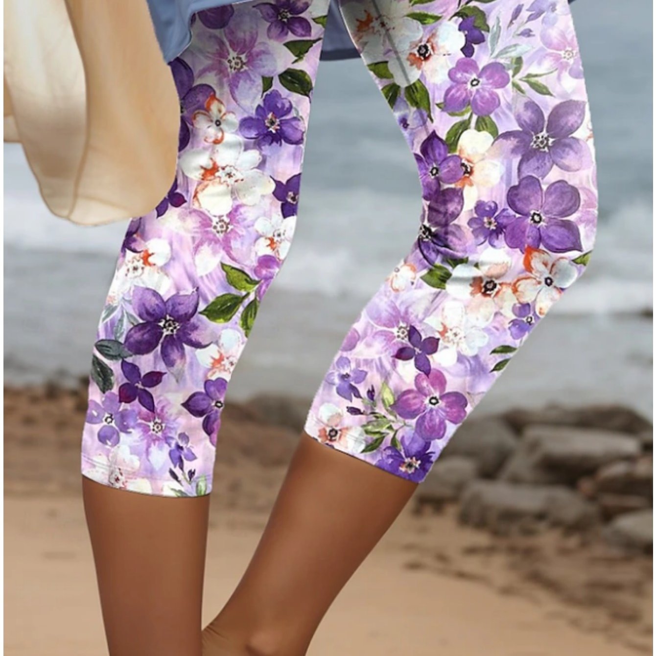 TEMU Women's Cropped Pants, Women's Leggings, Geometric Floral Print, Women's Mid-length Resort Style, Women's Stretchy Skinny Pants - Casual And