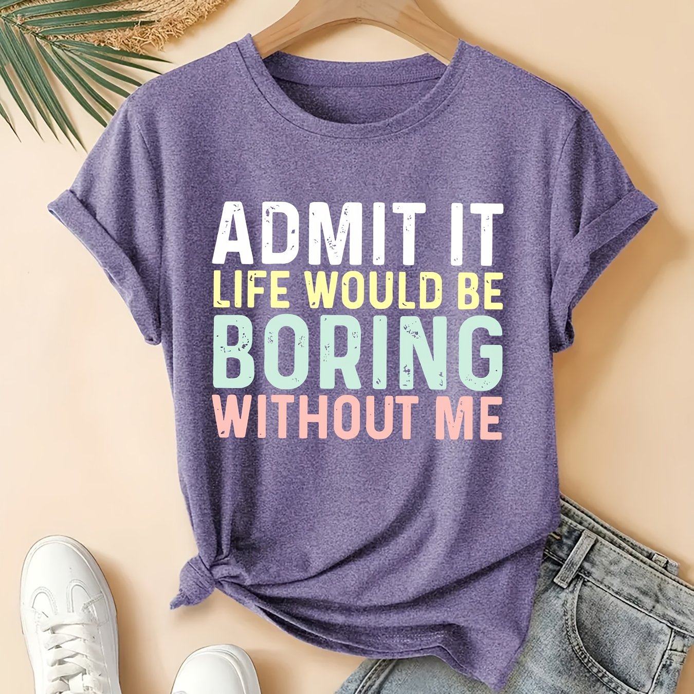 TEMU Women's Plus-size Casual T-shirt Featuring The Print ' Boring Without Me', Perfect For Spring, Summer, And Autumn With A Round Neck, Short