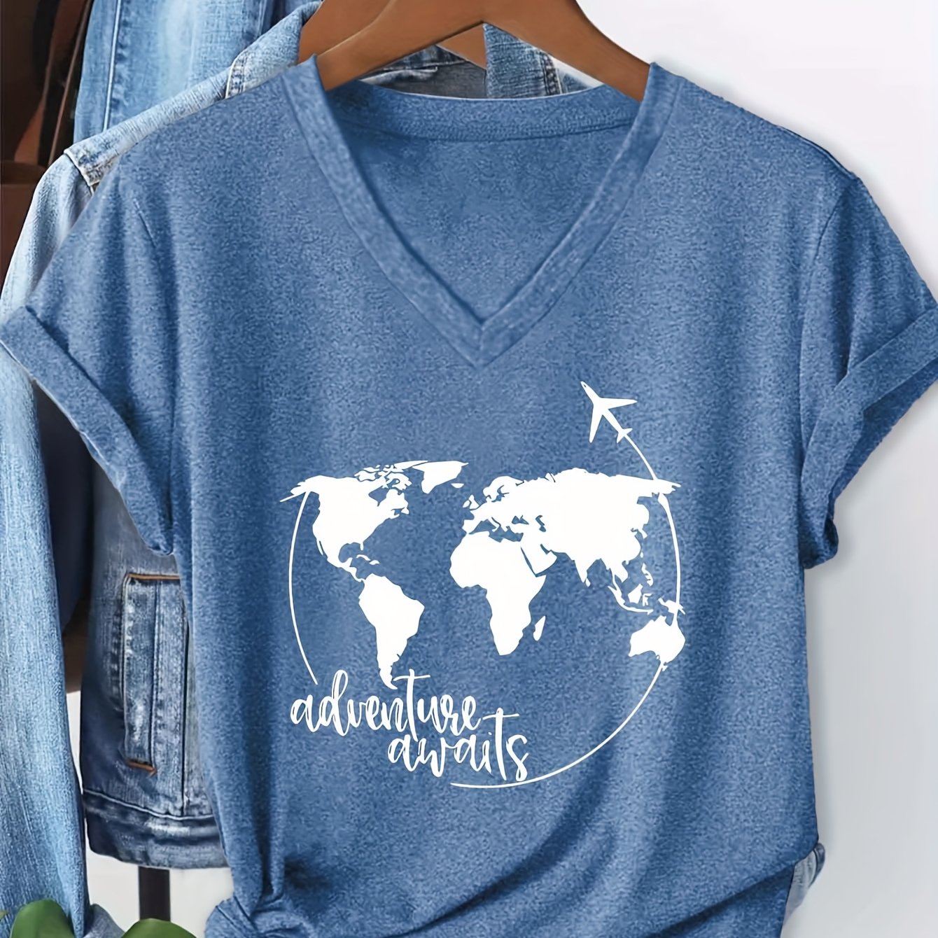 TEMU Camiseta de Manga Corta con Cuello en V y Estampado Colorido de en Avión