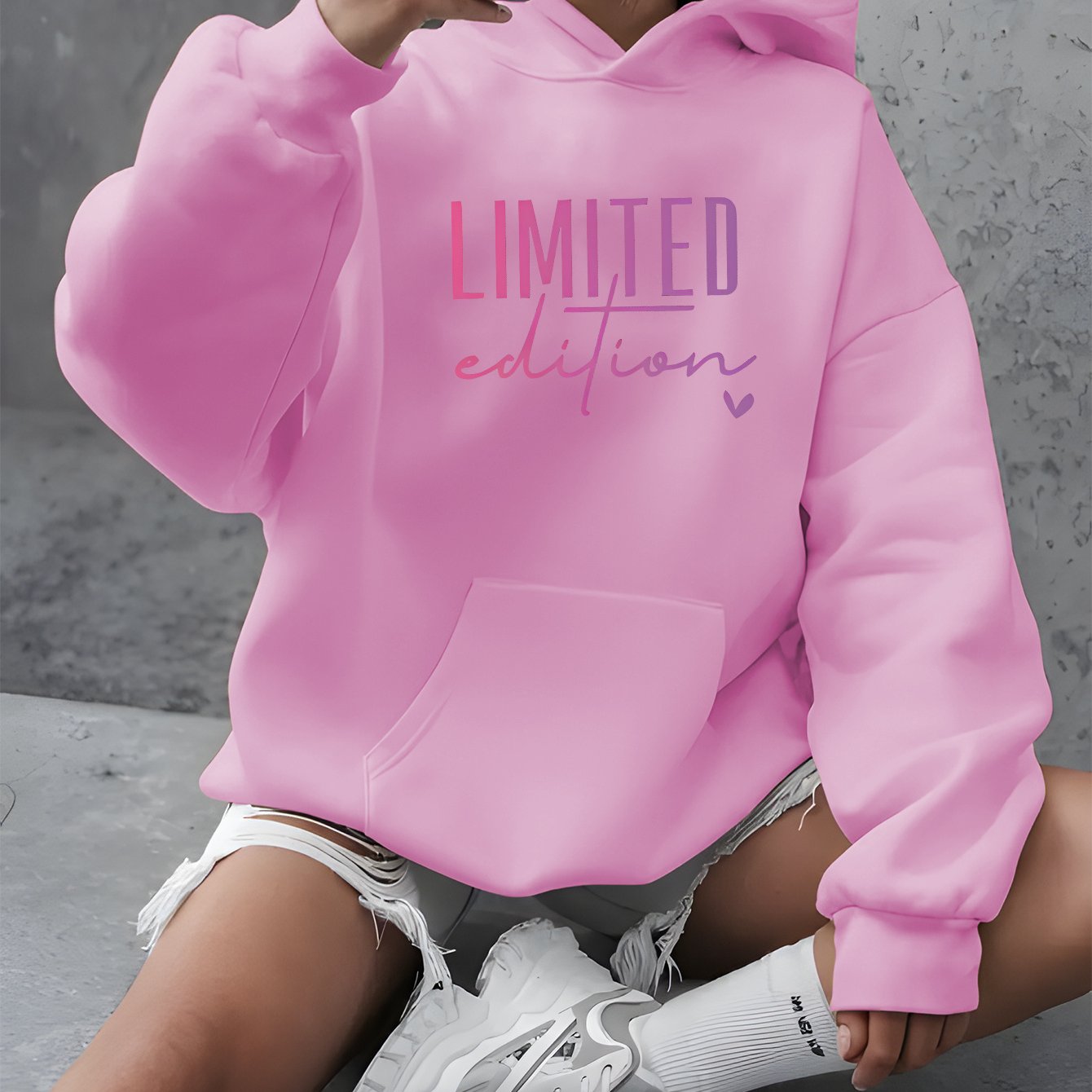 TEMU Women's Pink Oversized Hooded Sweatshirt - Edition Print Fleece Pullover, Cozy , Fabric, Machine Washable Casual Long Sleeve Top For Fall &