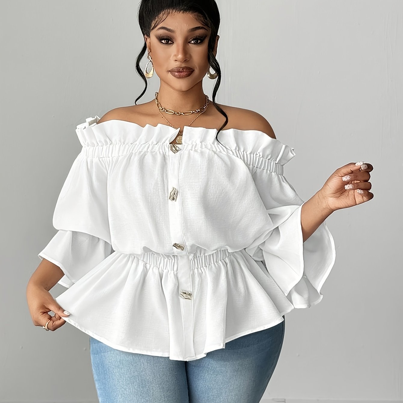 TEMU Haut blanc à épaules dénudées de grande taille, style européen et américain, avec bordure à volants, manches évasées, taille cintrée et ourlet à