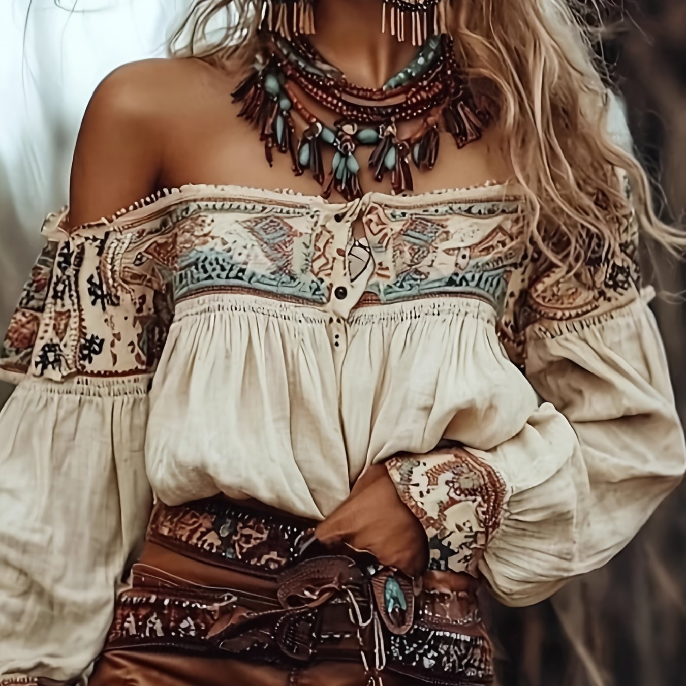TEMU Women's Western Denim Top - Vintage Off-shoulder V-neck Long Sleeve Button- Shirt, Beige/ Brown/ / Black/ White/ Turquoise/ Grey/ Red -