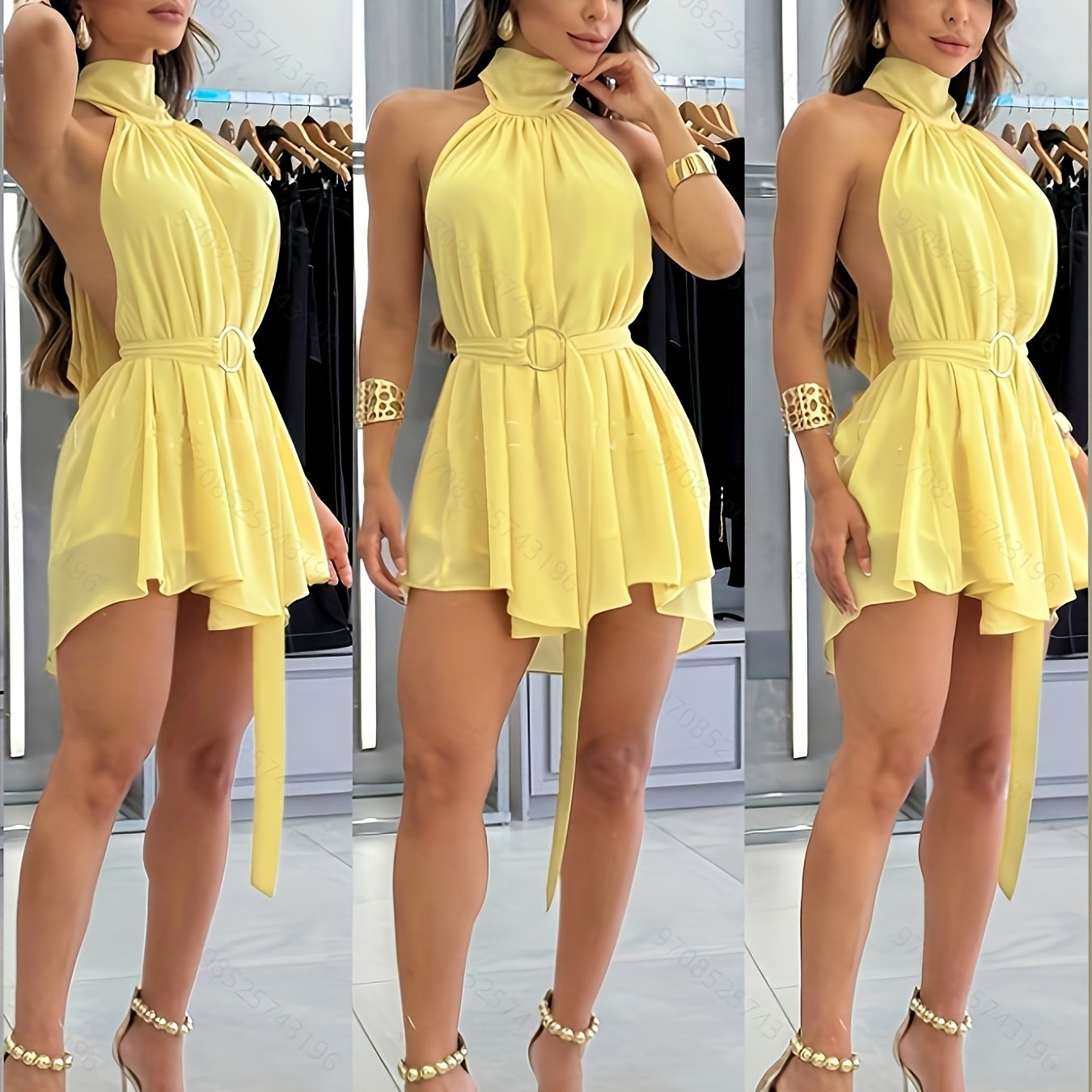 TEMU Vestido de mujer de 2026, última moda, minimalista, de color liso, con cuello halter, que define la cintura, con de de metal, en la cintura y