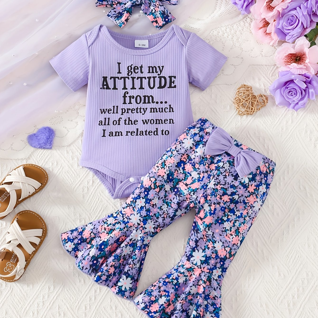 TEMU 3pcs Summer New Arrival Children's Baby Clothing Set: Letter Short Sleeve T-shirt With Flower Print, Flared Pants, And Headband, For Outdoor