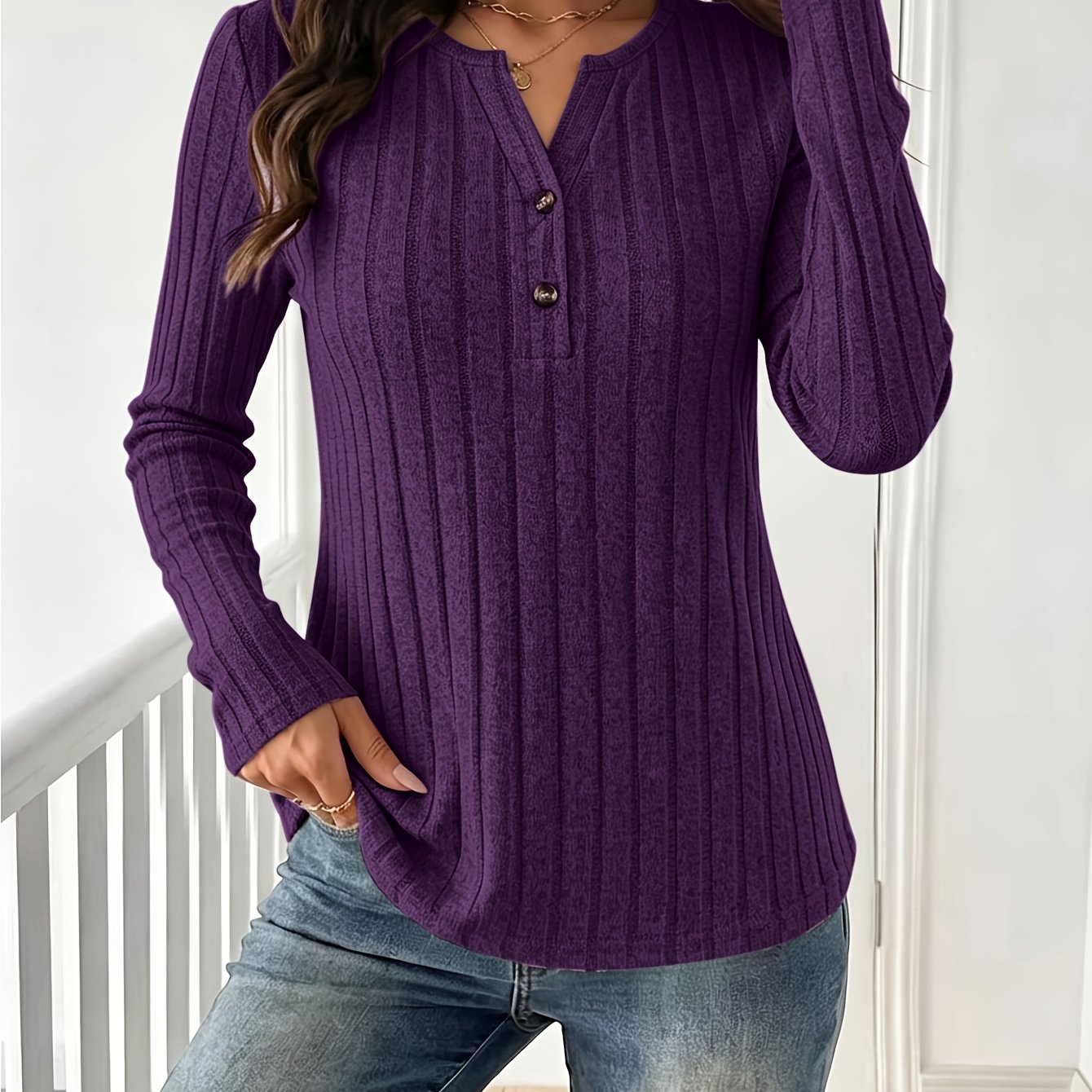 TEMU Women's Elegant V-neck Long Sleeve T-shirt - High-stretch Solid Color Casual Top, Machine Washable Spring Summer Autumn Blouse