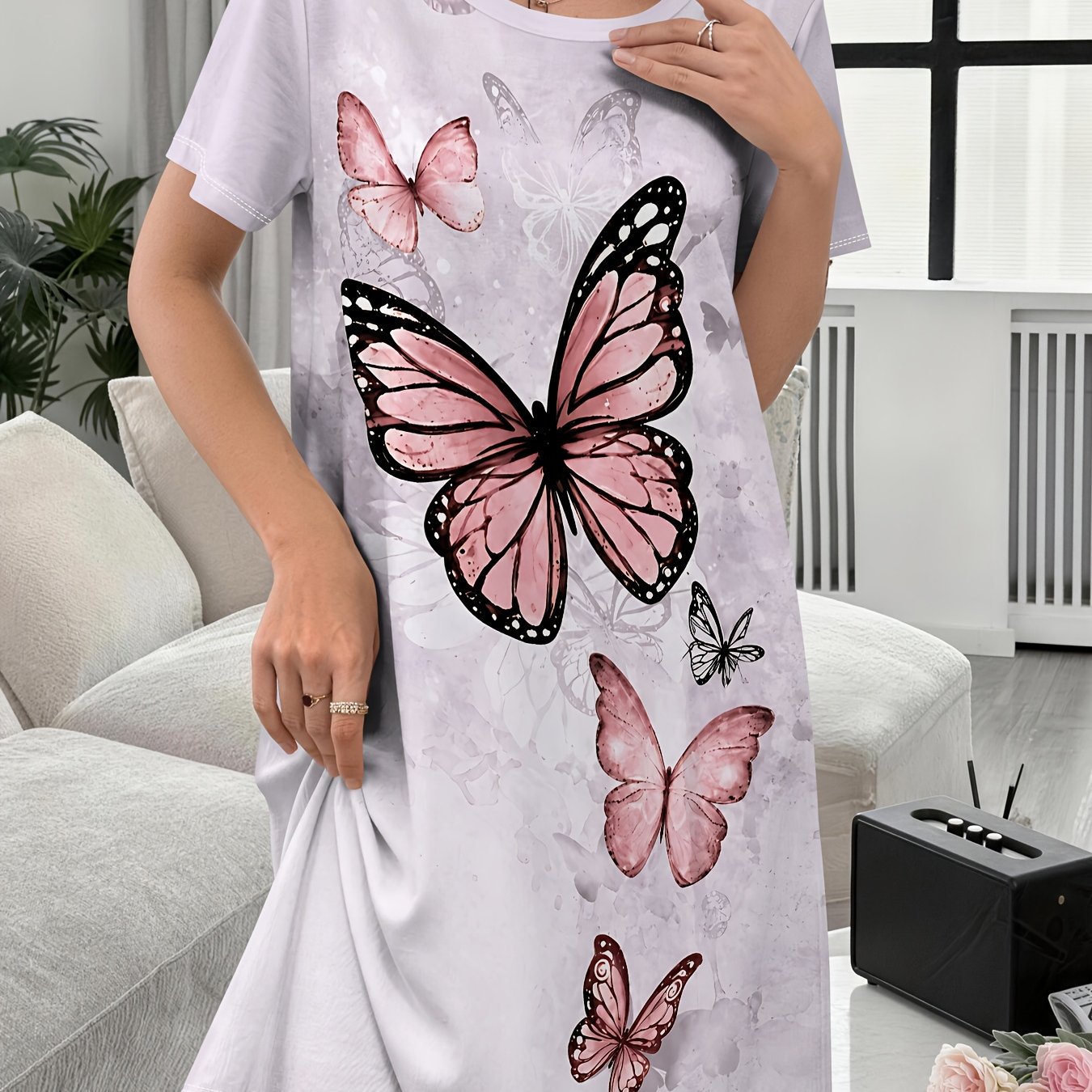 TEMU Women's Nightgown, Pink-purple Printed Decorative Casual Loungewear Nightgown, Comfortable For Home Use, Ladies' Nightdress, Elegant Women's
