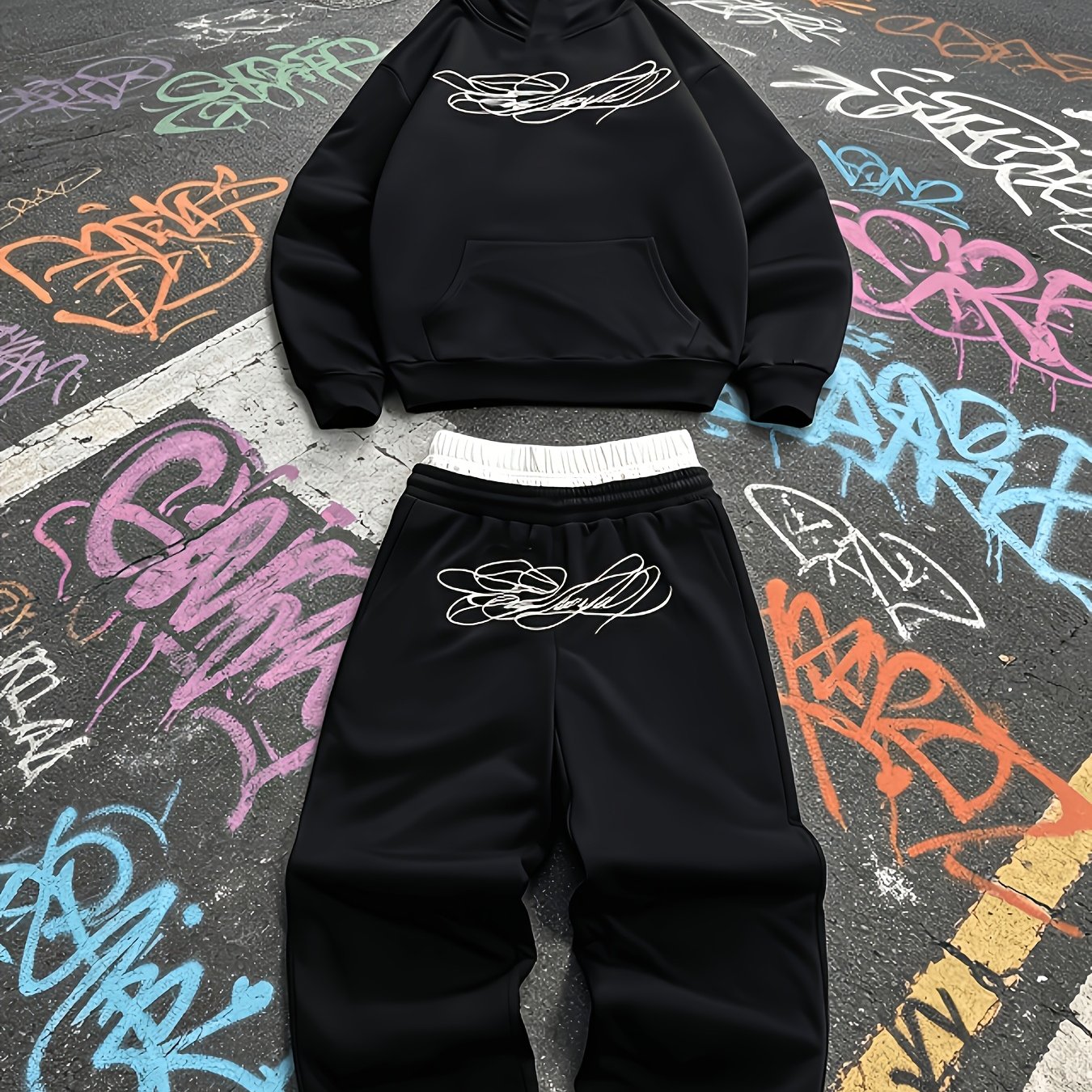 TEMU Conjunto de pantalón de pierna ancha y sudadera con capucha para hombre con estampado de góticas, , ropa de otoño