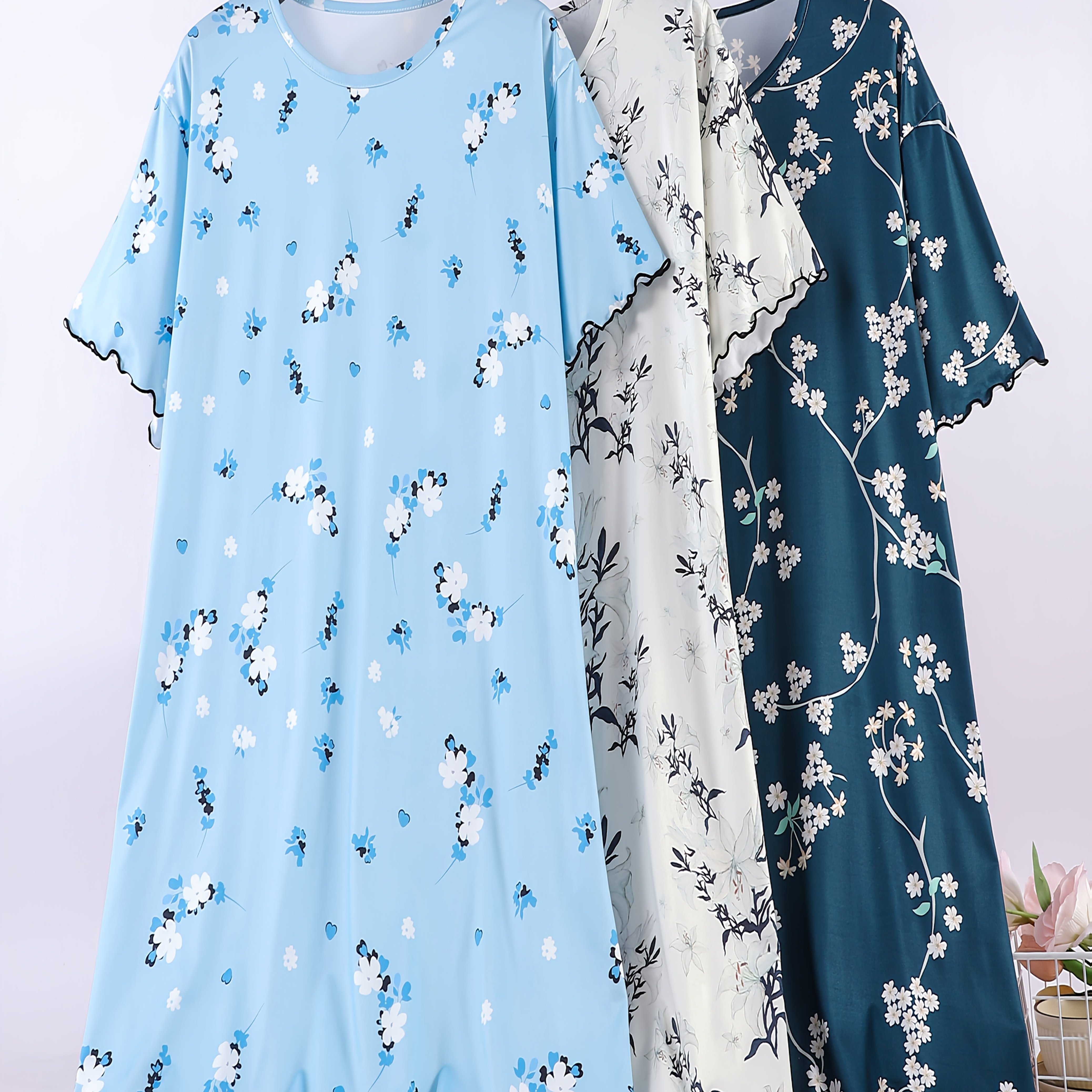 Image of 3-pack Short Sleeve Summer Loose Size Women's Round Neck Floral Leaf Print Comfortable Wear With Ruffle Hem