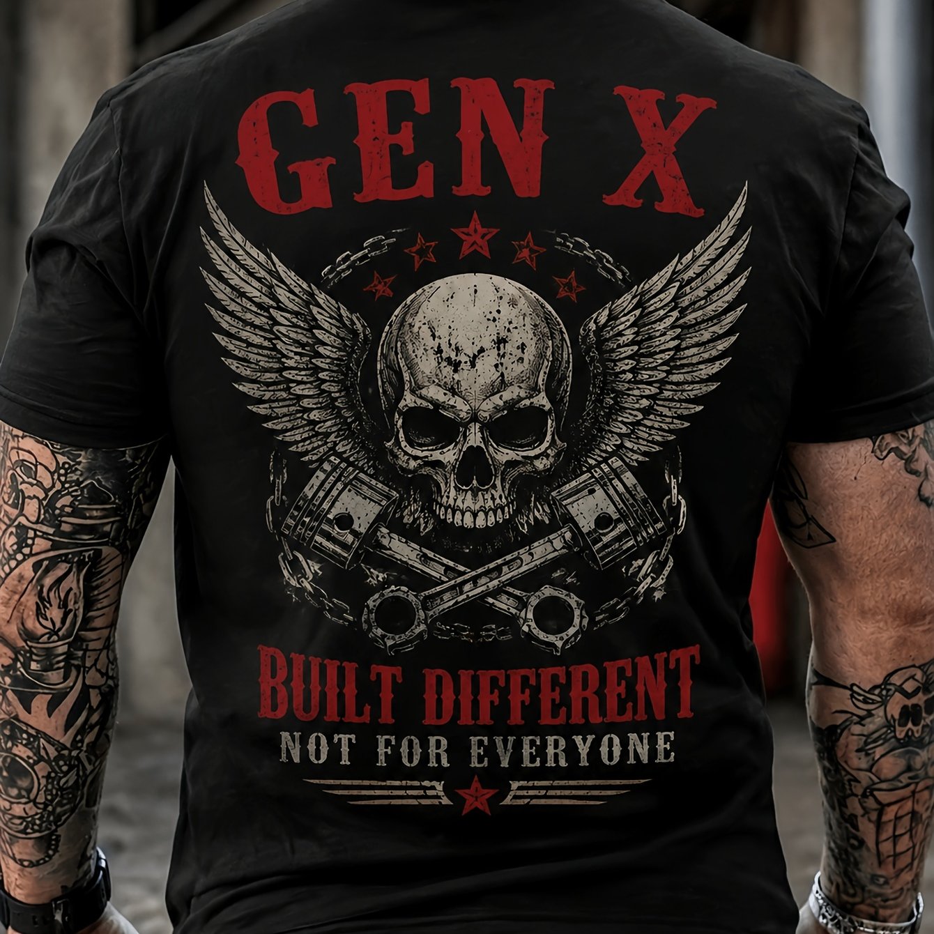 Men's Short Sleeve Graphic T-shirt With Themed Skull, Wings And Print, Vintage Biker Style, Casual Daily Wear, Ideal For Street