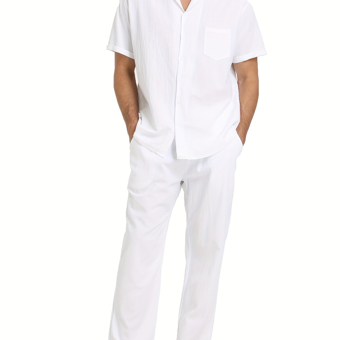 Image of Men's Cotton Casual Suit 2pcs Cuban Neck Short Sleeve Top Drawstring Pants Summer Beach Vacation Wear Autumn Homewear Soft Breathable