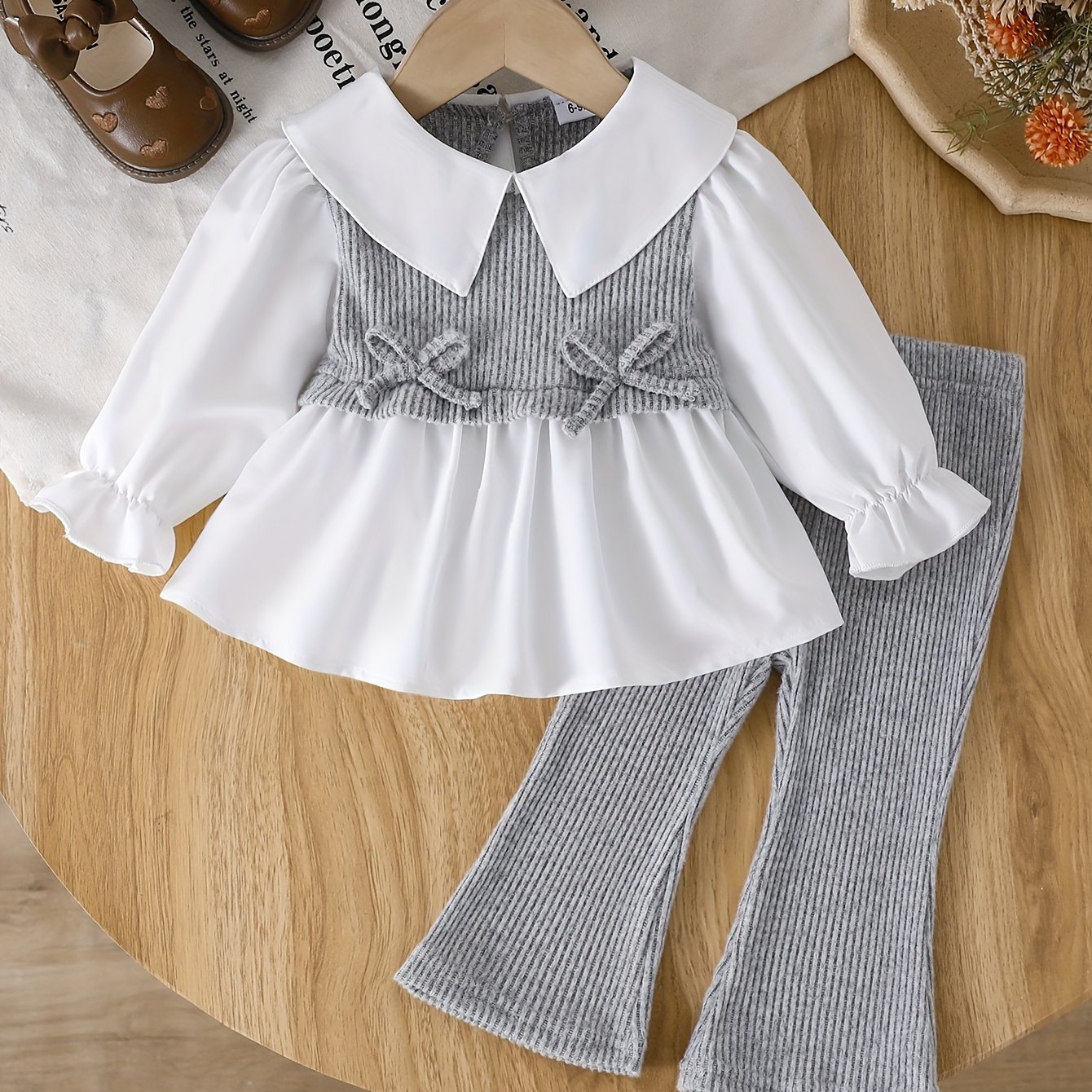Baby Girly Puff Sleeve Bow Long Sleeve Top And Flared Pants 2pcs Set P101792, For Outdoor