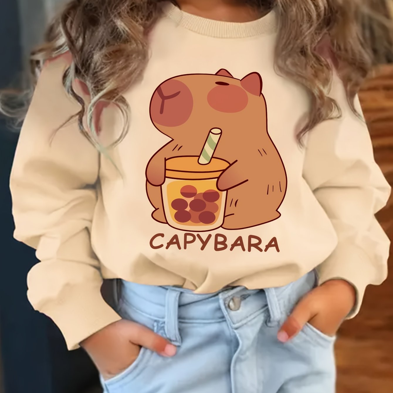 Image of Xmq30089 Girls' Capybara Milk Tea And Capybara Casual Round Neck Sweatshirt