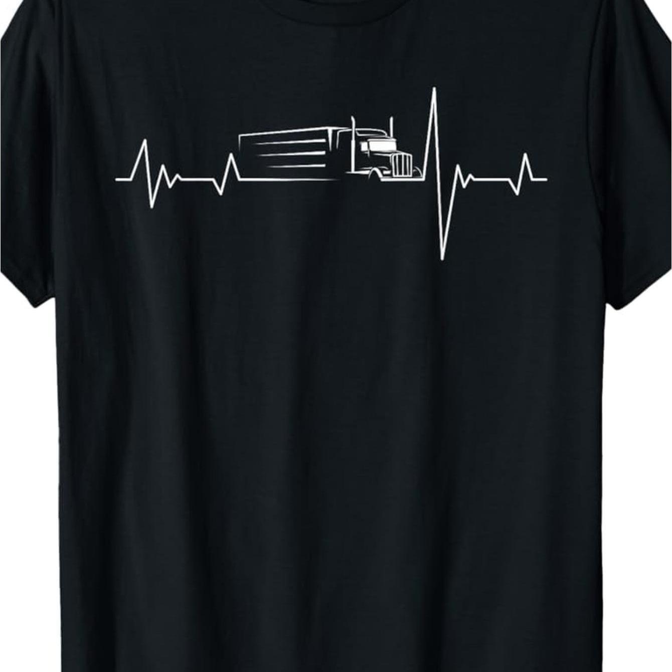 TEMU Men's Semi-trailer Driver T-shirt - Round Neck Design With Semi-trailer And Heartbeat Pattern Print, Ecg Style For Truck Theme, Workwear Style,