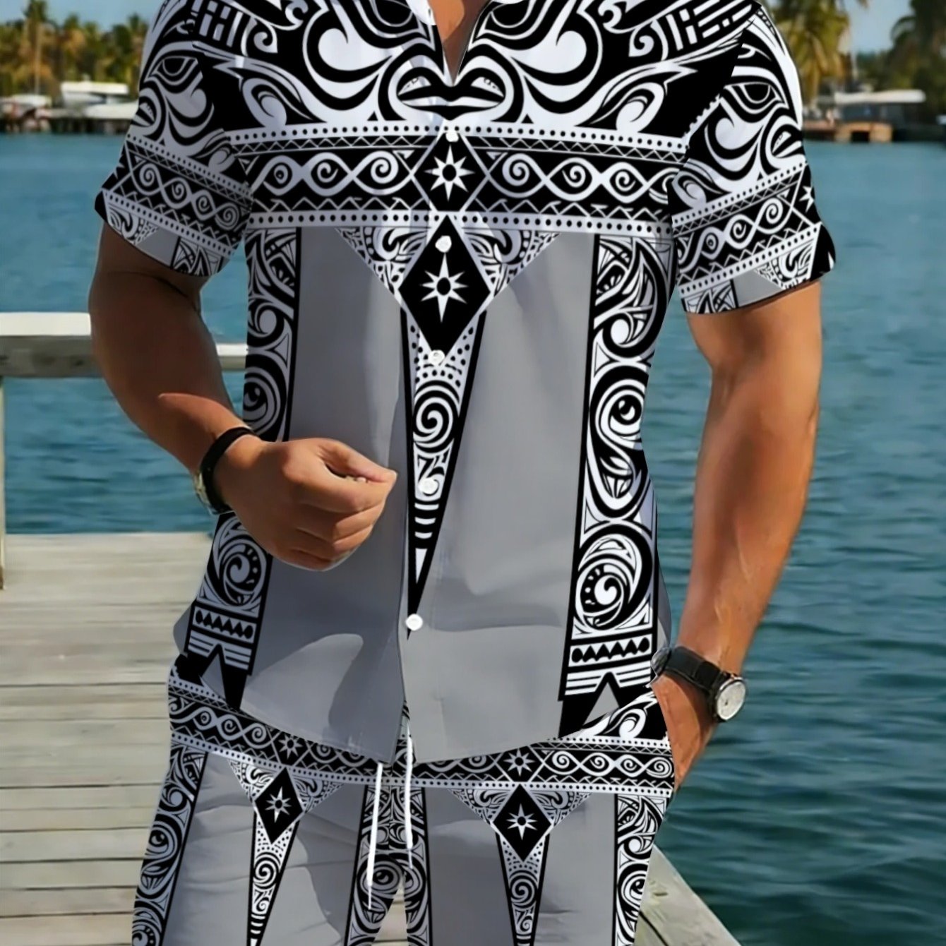TEMU Men's Set Of Shirt And Shorts Featuring A Polynesian Design, Made From Lightweight Polyester, Ideal For Outdoor Activities. This Casual Vacation