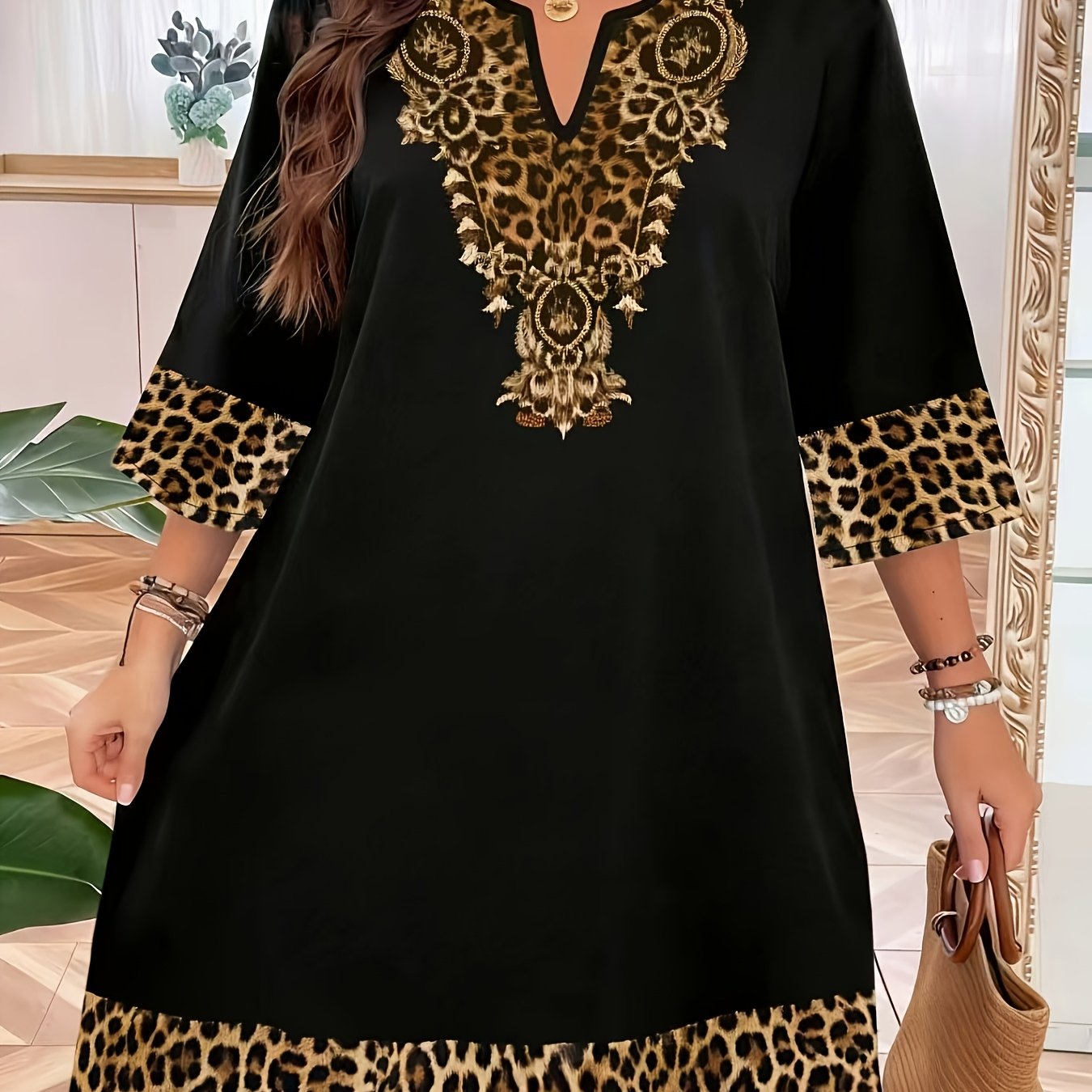 TEMU Plus Size, A Plus-size European And Elegant Dress, Leopard Print V-neck Women's Fashion Printed Dress, Polyester Fiber, Machine Washable,