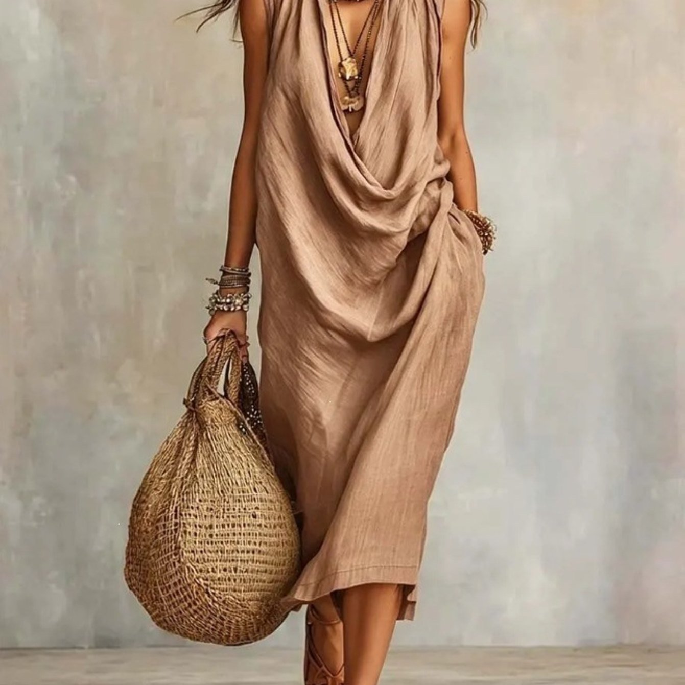 Women's Loose Draped Neck Color Block Maxi Dress, Sleeveless Oversized Street Style Swing Dress