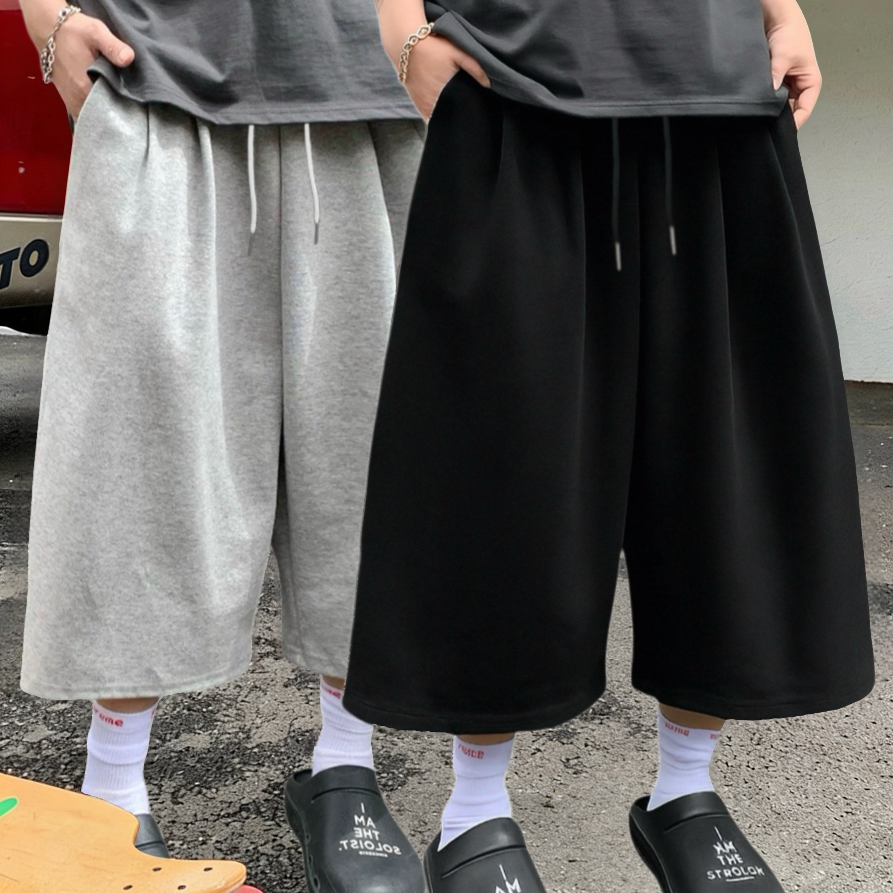 TEMU [1pc] Men's Summer Casual Athletic Mid-length Shorts - Loose Street Style, Elastic Waistband And Pleated Design With Strong Drape, Breathable