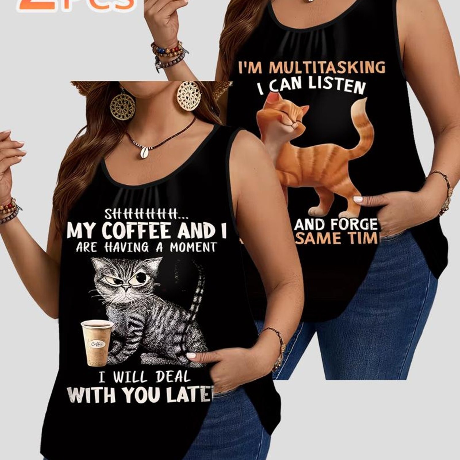 TEMU Plus Size - 2pcs Plus Size Tank Tops, Mixed Colors, Multiple Sizes, Fabric, Cat And , Casual Daily Wear, For Women, Stylish Sleeveless Design,