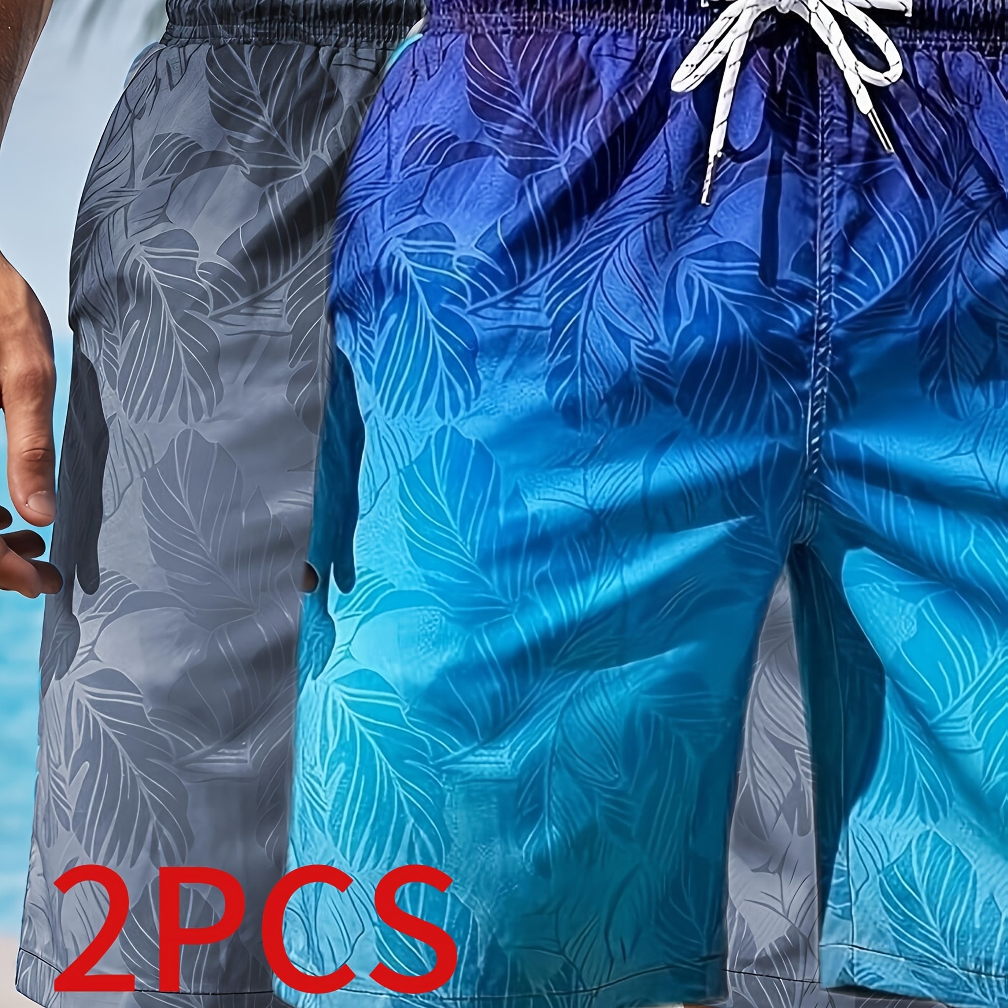 2pcs Set, Bermuda Shorts For Men, Casual Botanical Gradient Print Beach Shorts, Breathable, Ultra-lightweight, Quick-drying Outdoor Vacation Surf Shorts