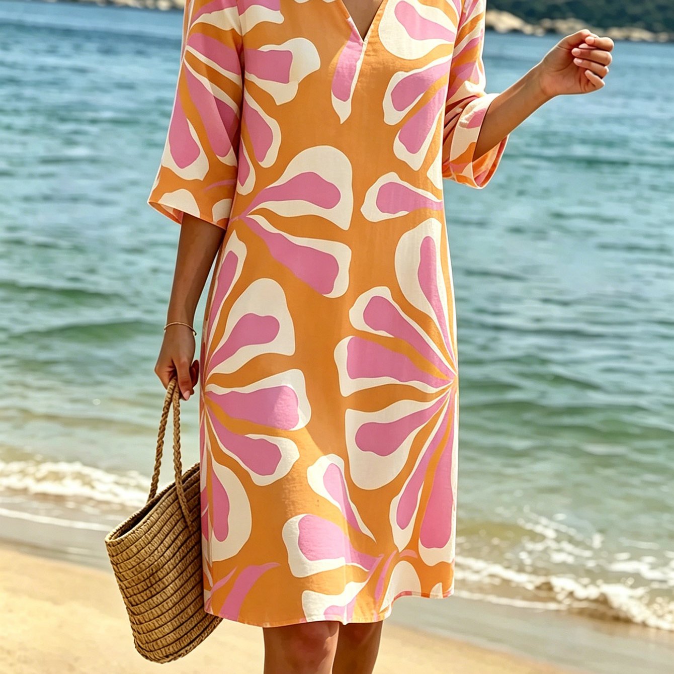 Women's Dress Style Printed V-neck Three-quarter Sleeve Straight Skirt Beach Seaside Trip Covering Mid-length Dress Women's Summer Clothing Suitable For Vacation Travel Beach