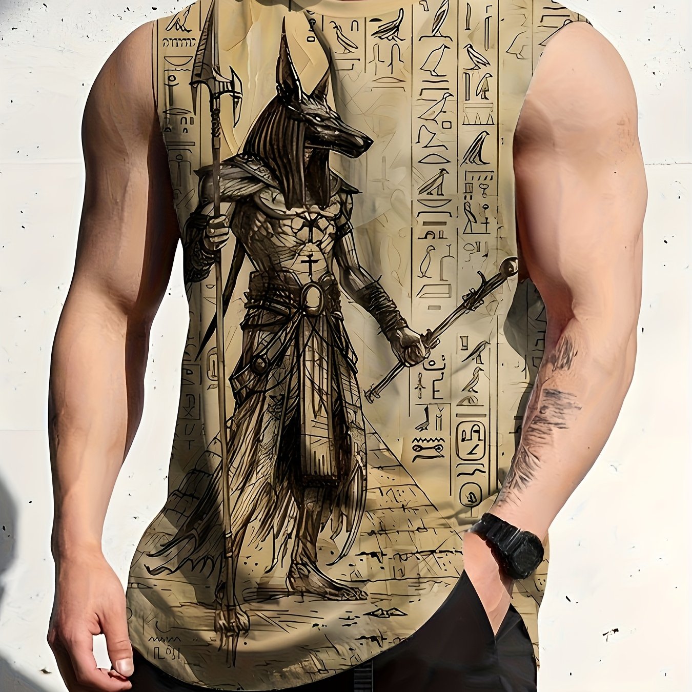 TEMU Men's Tank Top, 3d Printed Egyptian Pattern, , Ideal For Summer Outdoor Activities, Sports And Beach Vacations