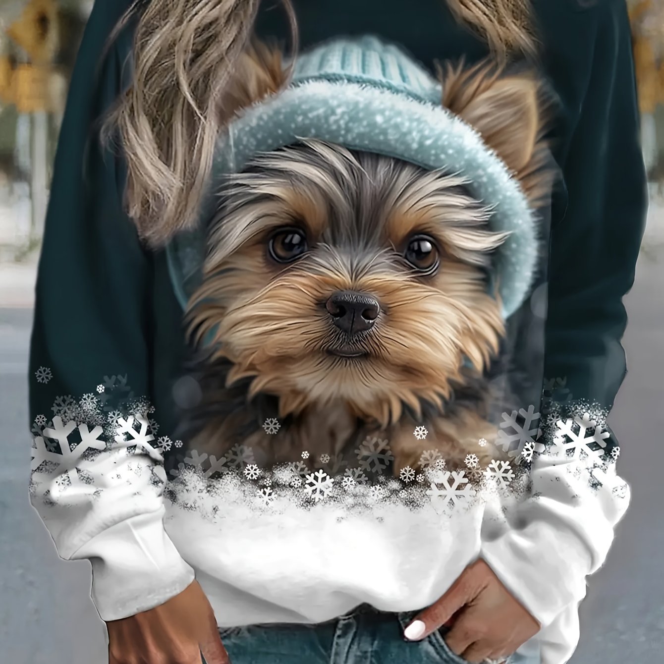 Dog Head Print Round Neck Long Sleeve Top