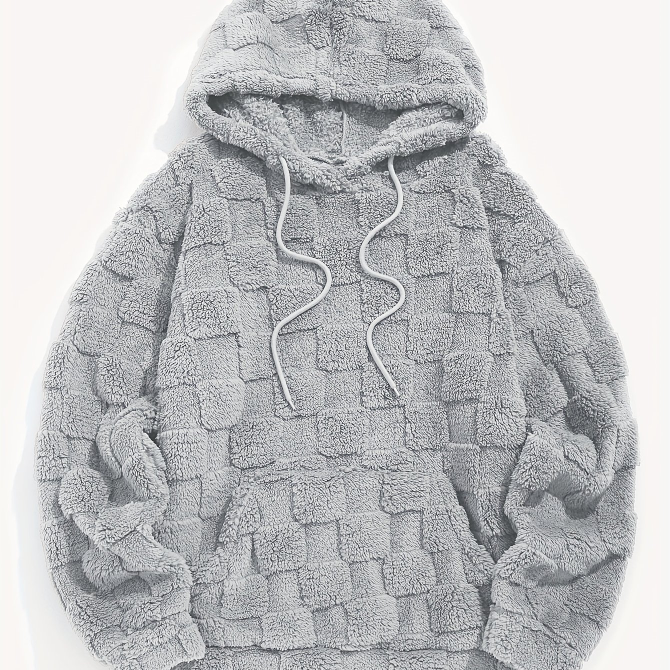 Men's Autumn And Winter New Casual Daily Front Pocket Drawstring Checkerboard Jacquard Texture Fluffy Plush Pullover Hoodie