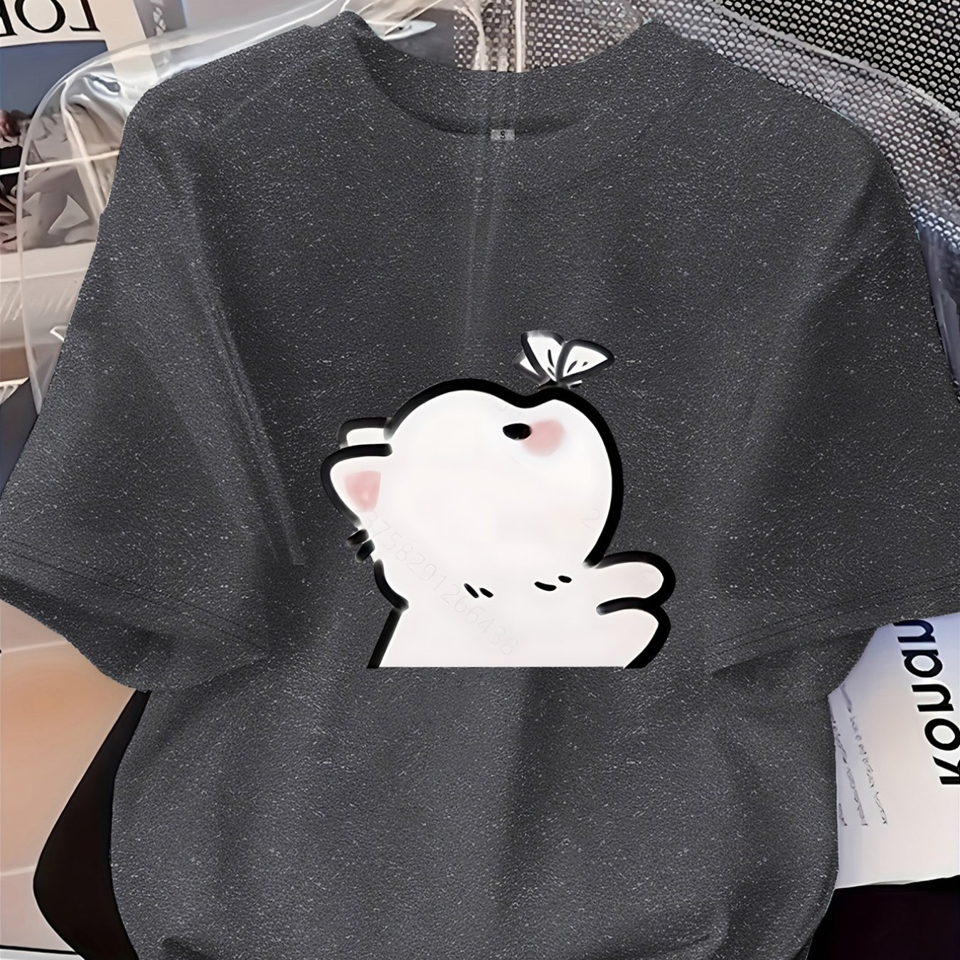 TEMU 여성용 패션 프린트 반팔 티셔츠 - 귀여운 고양이 프린트와 나비 장식, 매력 가득. 라운드넥 캐주얼 사계절 여성 상의