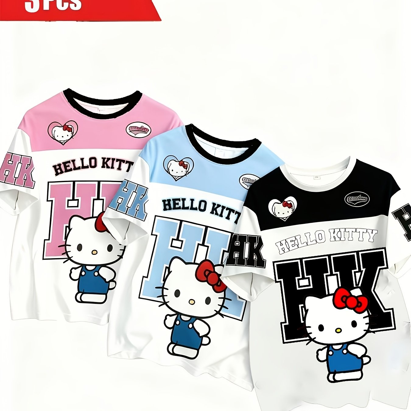 Image of 3pcs Set Hello Kitty Cartoon Fashion Print Sporty Style Round Neck Short Sleeve T-shirt