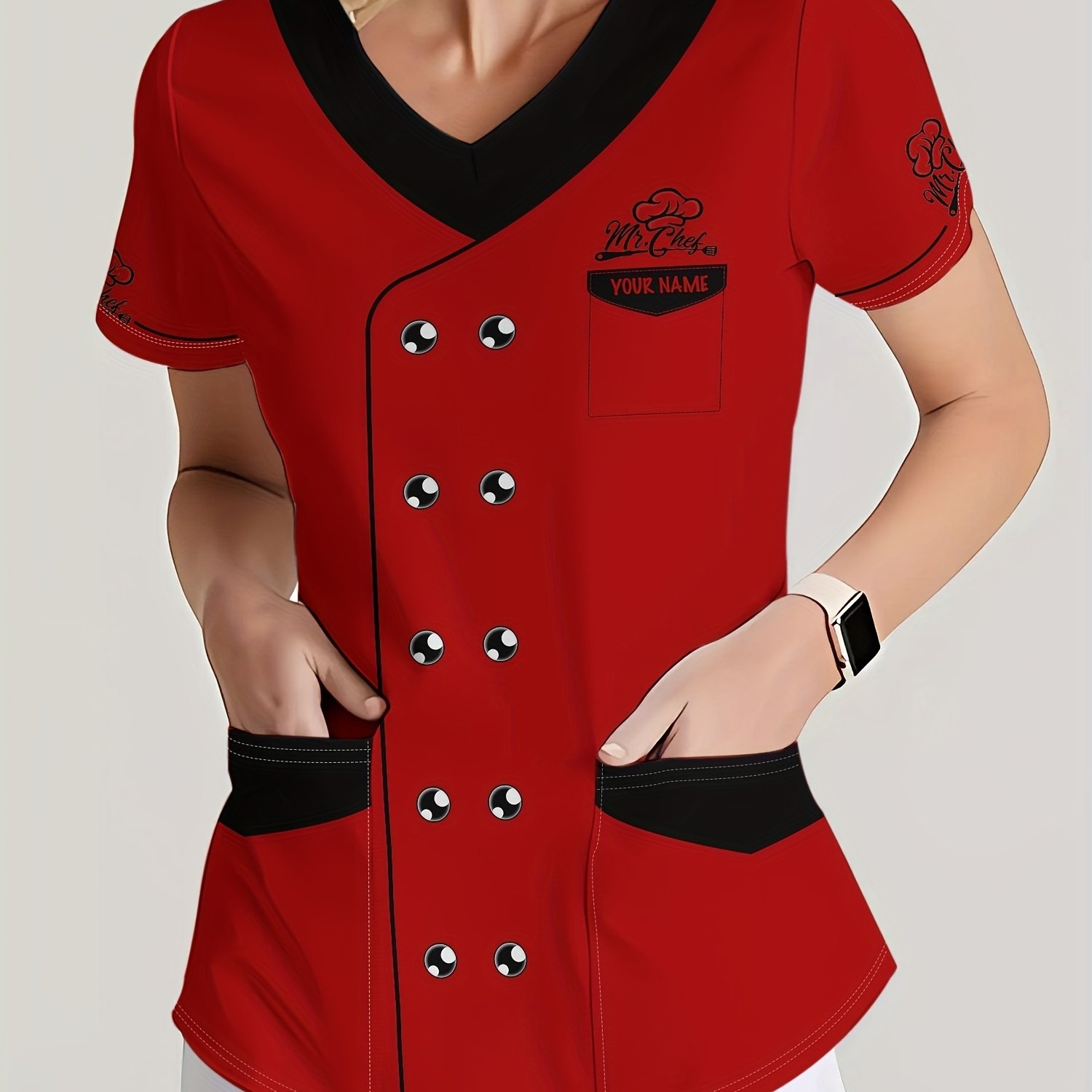 TEMU Custom Name Print T-shirt, Chef Uniform V-neck Tie Pocket Short Sleeve T-shirt, Style, Elegant T-shirt, Casual Party Outfit, Custom Personalized