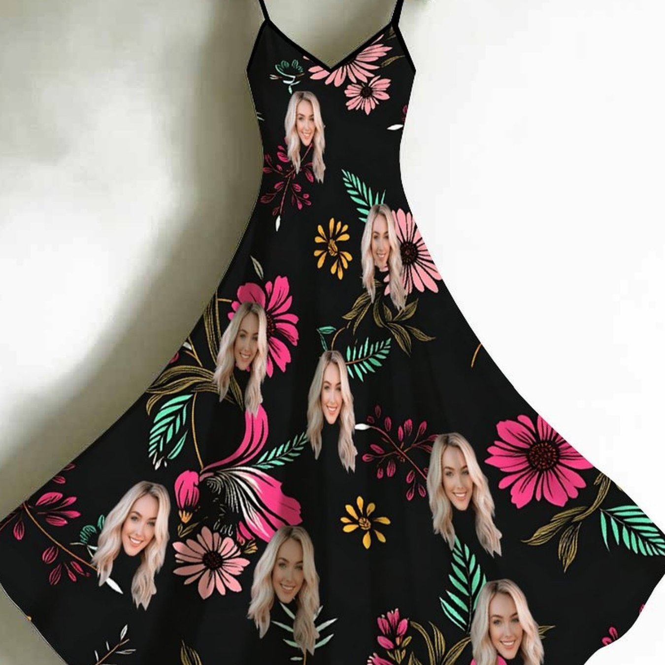 TEMU Women's Classic Elegant Sleeveless V-neck Maxi Dress, Customizable With Portraits Or Pet , Featuring Floral Prints, Suitable For Gatherings,