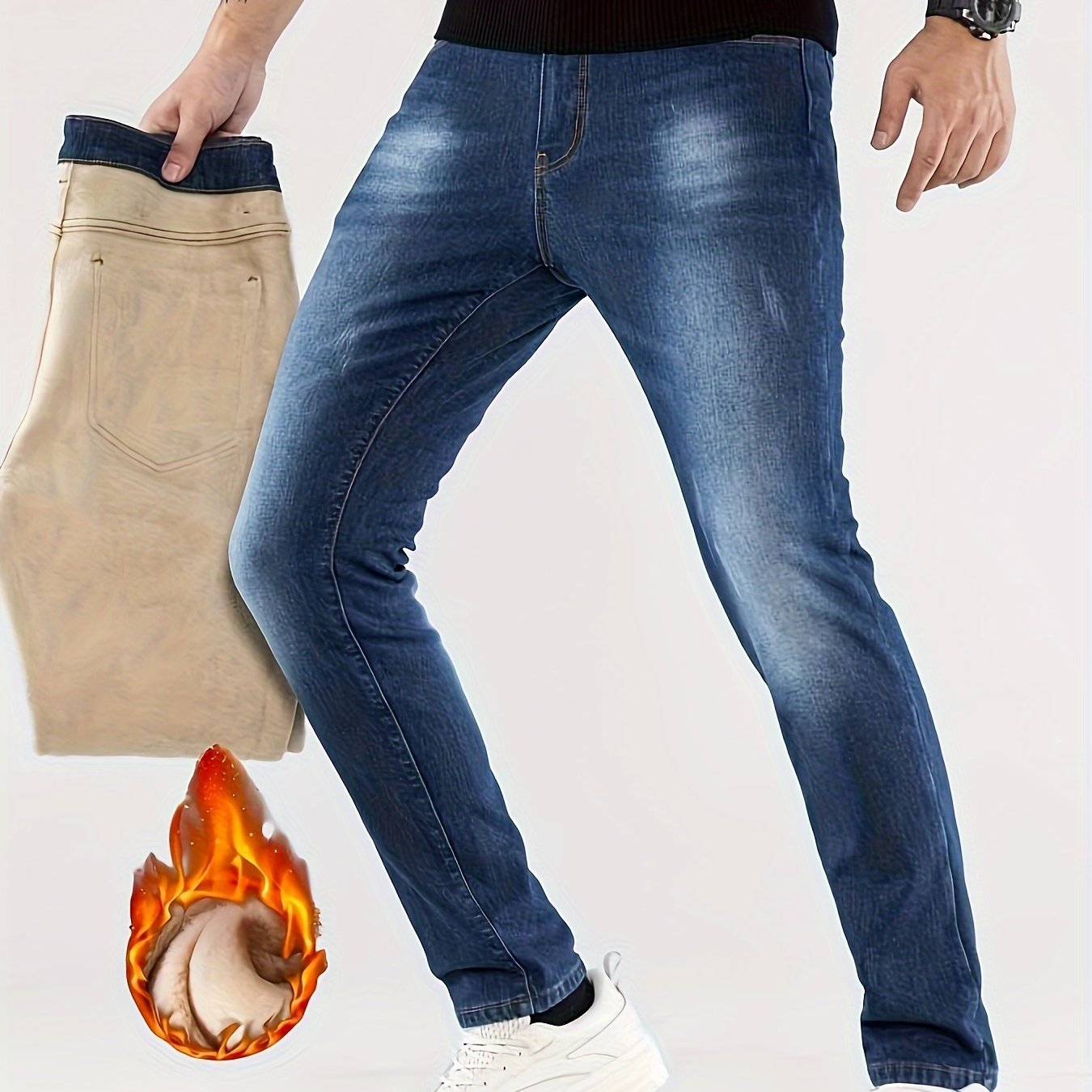 Autumn & Winter New Arrivals Men's Warm Fleece-lined Straight-leg Jeans Slightly Vintage Stretch Fabric Comfortable Light