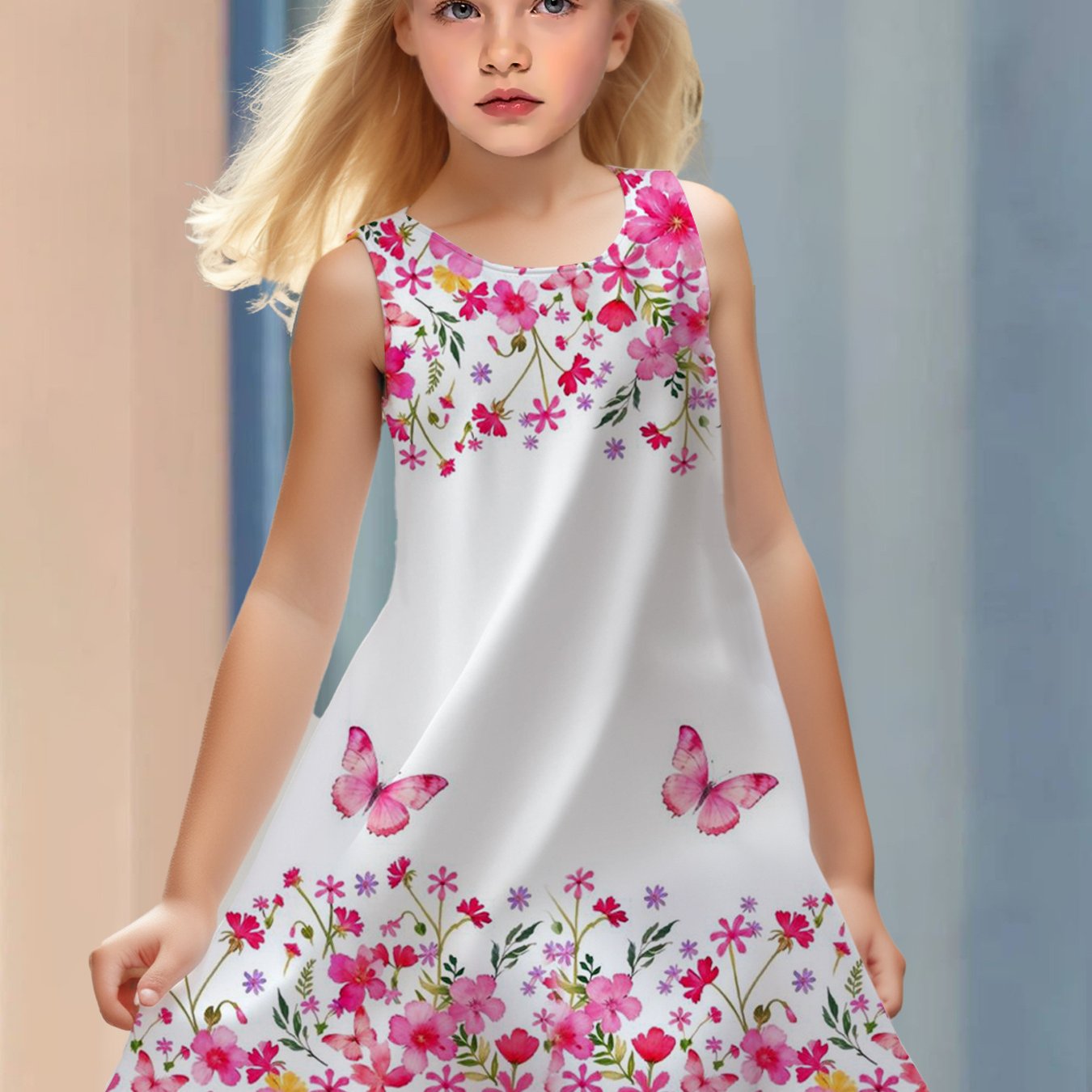 E-shop Modisches Mädchen-Prinzessinnenkleid ohne Ärmel, Niedliches Lebendiges Blumen- Schmetterlings-3D-Druckkleid für Kleinkinder, Bequemes Lässiges