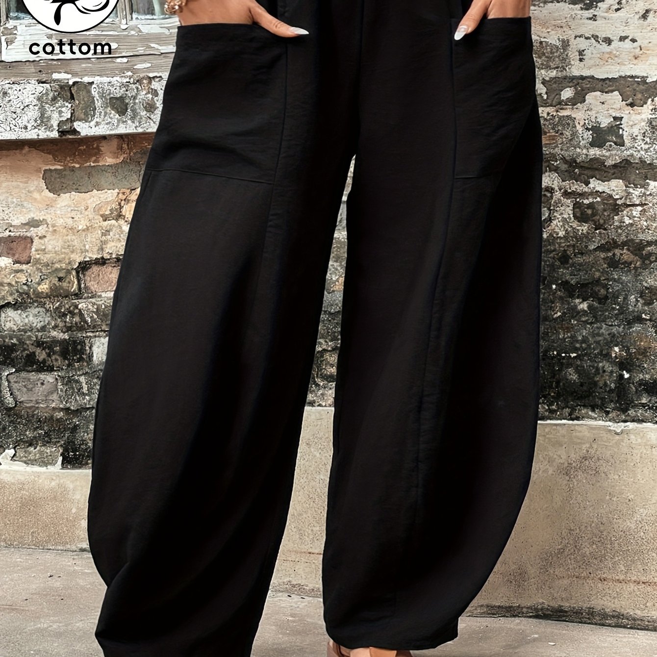 Image of Plus Size, 73782# Middle East Special Edition Solid Color 100% Elastic Waist Plus Size Women's Straight-leg Long Pants 1